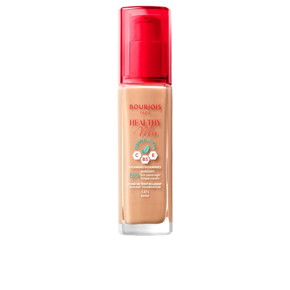 Flüssiges Make-up in Glasflasche mit rotem Pumpverschluss. Aufschrift: Bourjois Healthy Mix. Farbton: 54-Beige.