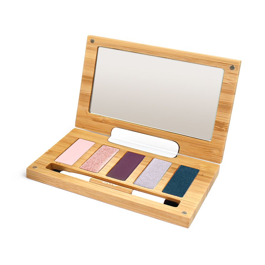 Make-up Palette mit Spiegel und 5 Lidschattenfarben. Holzrahmen. Pinsel. Farben: Rosa, Glitzer, Lila, Helllila, Dunkelblau.