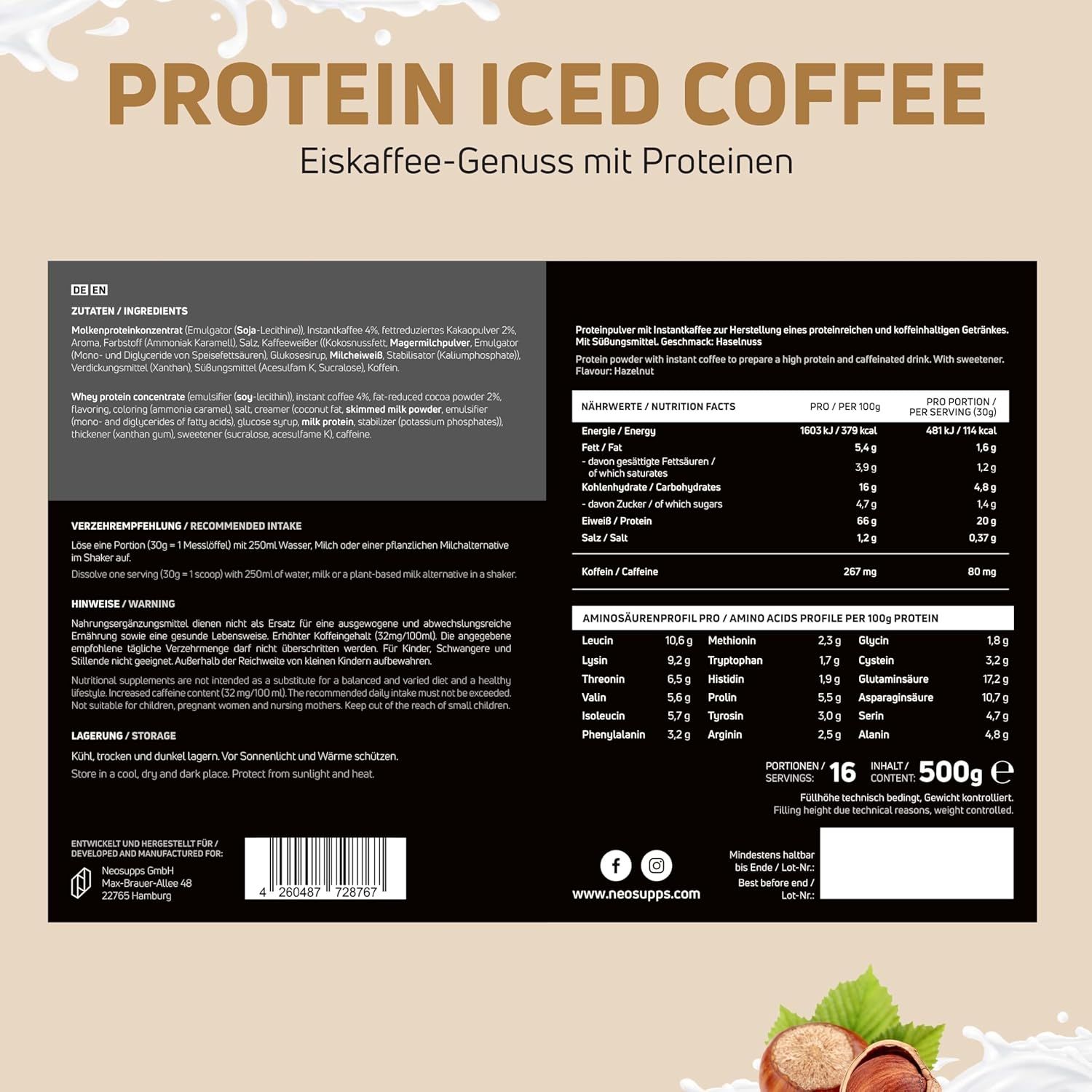 Rückseite der Protein Iced Coffee Dose. Zutatenliste, Nährwertangaben, Aminosäurenprofil. 16 Portionen, 500g Inhalt.