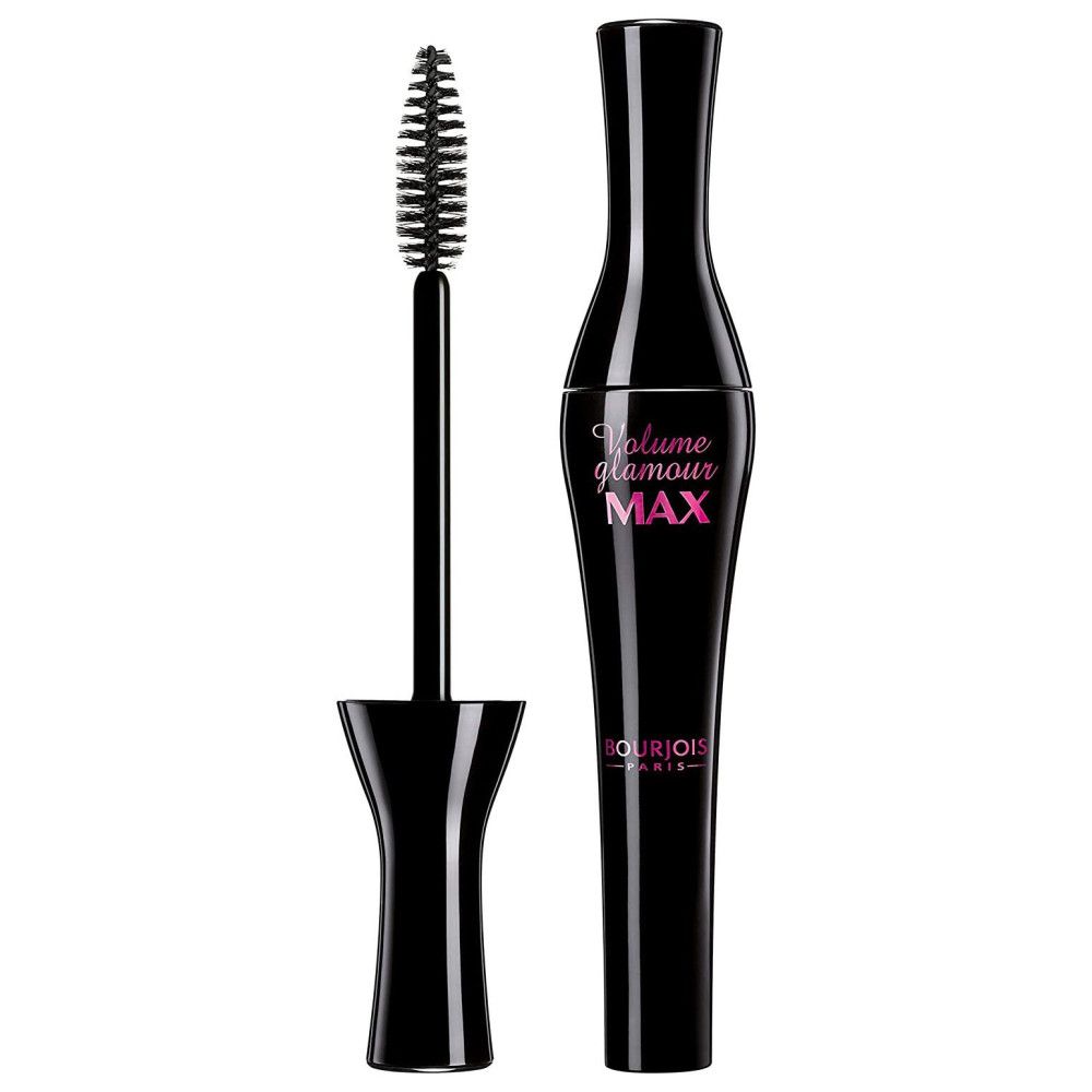 Schwarze Mascara-Tube und Bürste. Aufschrift: Volume glamour MAX. Rosa Akzente.