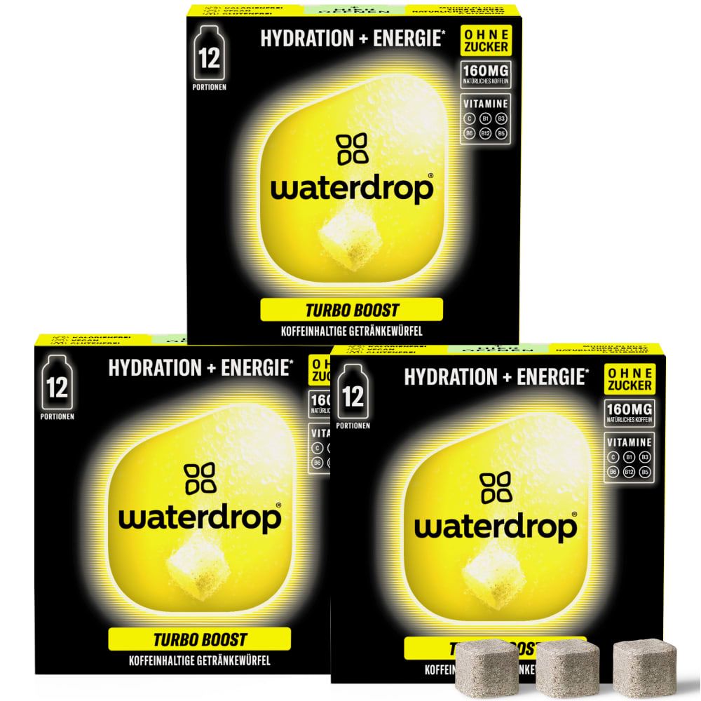Drei Packungen waterdrop® Turbo Boost. Jede Packung enthält 12 Portionen. Aufdruck: Hydration + Energie, ohne Zucker, 160mg Koffein.