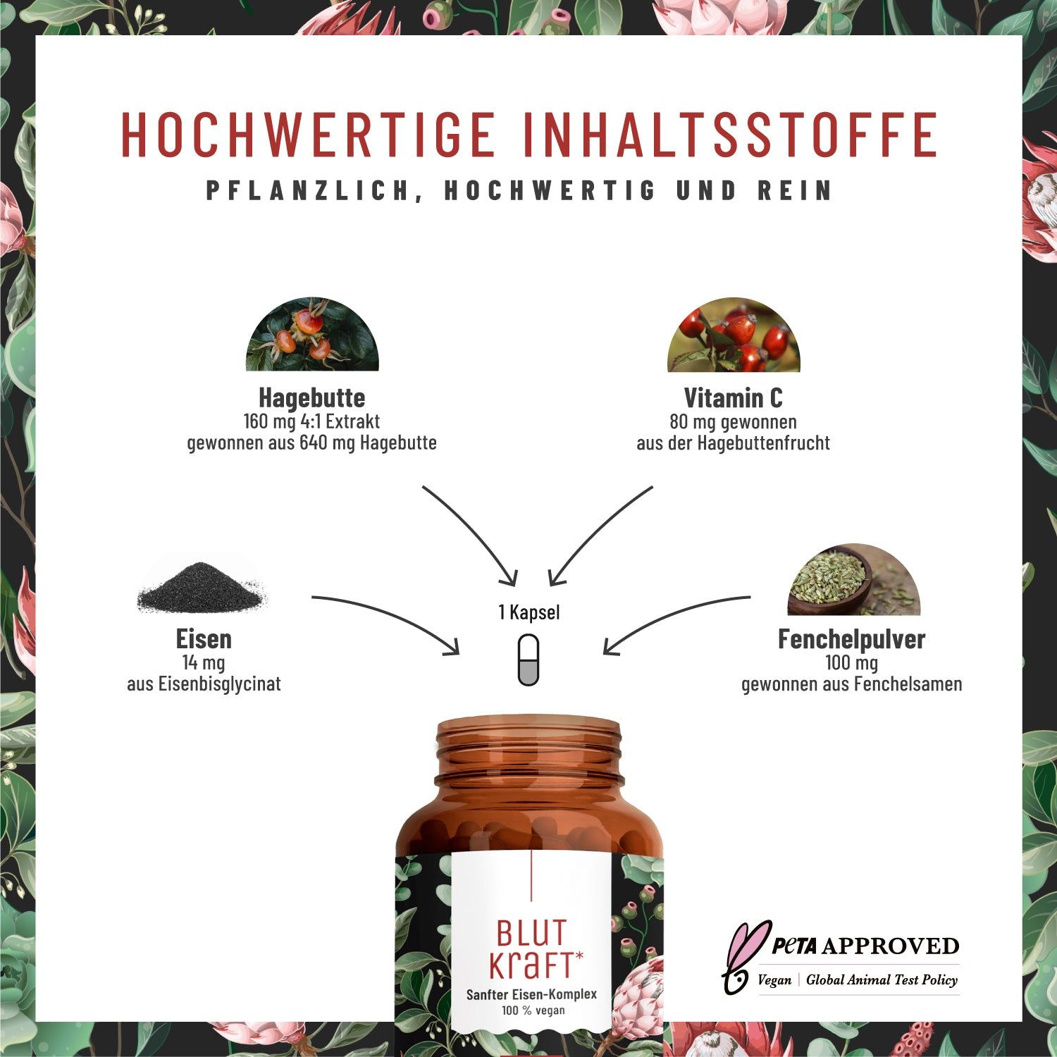 Infografik mit Inhaltsstoffen: Hagebutte, Vitamin C, Eisen, Fenchelpulver. 1 Kapsel. PETA Approved Logo.