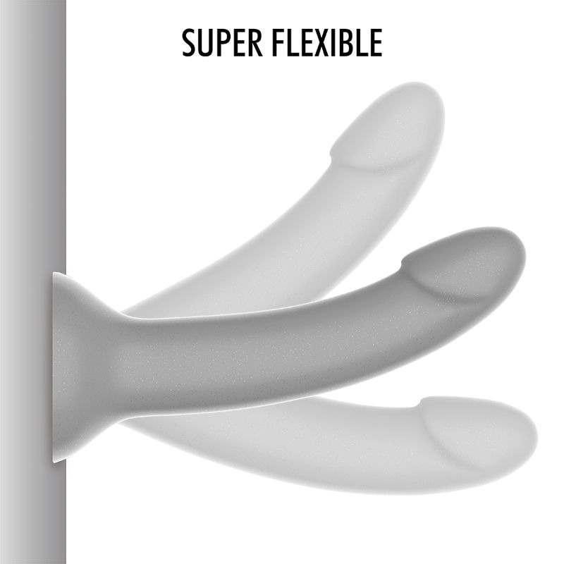 Grauer Dildo in drei Positionen gezeigt. Flexibles Material.