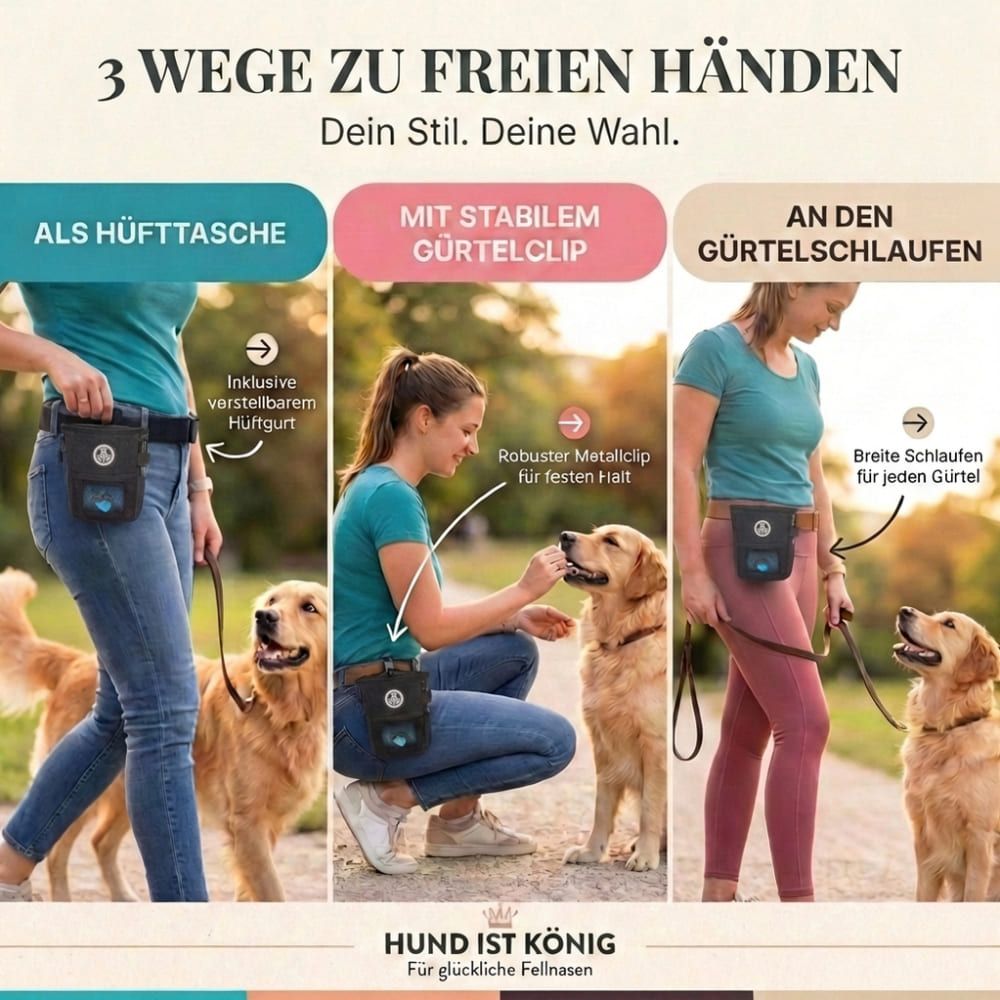 Drei Personen mit Futterbeuteln. Text: 3 Wege zu freien Händen. Als Hüfttasche, mit Clip, an Gürtelschlaufen.