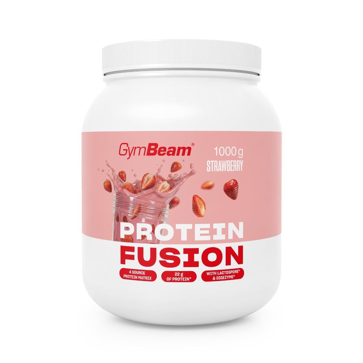GymBeam Protein Fusion Erdbeergeschmack Pulver in weißem Behälter mit rosa Etikett, 1000g.