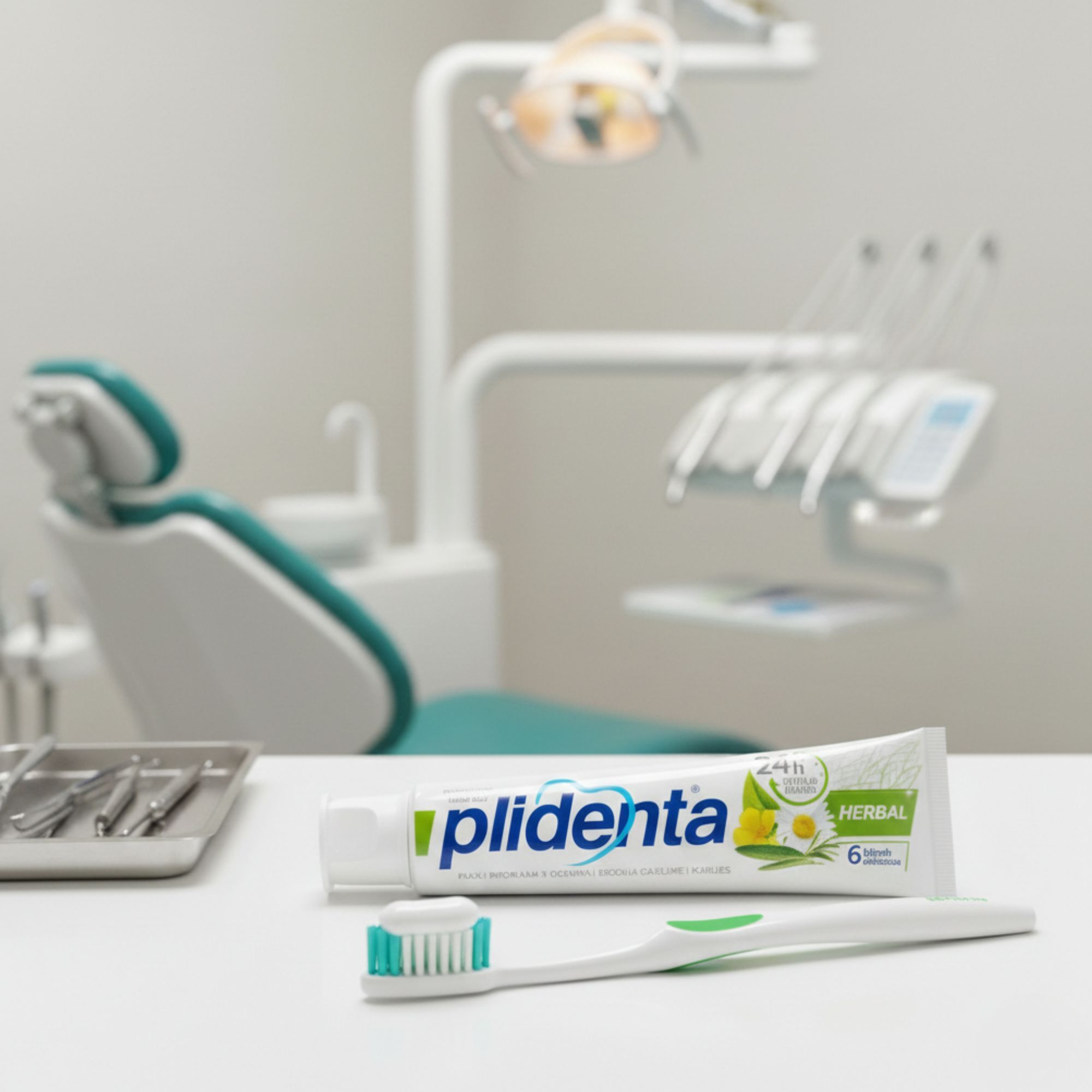 Plidenta Herbal Zahnpasta-Tube und Zahnbürste auf Tisch. Weiß, grün. Aufschrift: Herbal, 6 Kräuter. Produktname: Plidenta. Im Hintergrund: Zahnarztstuhl.