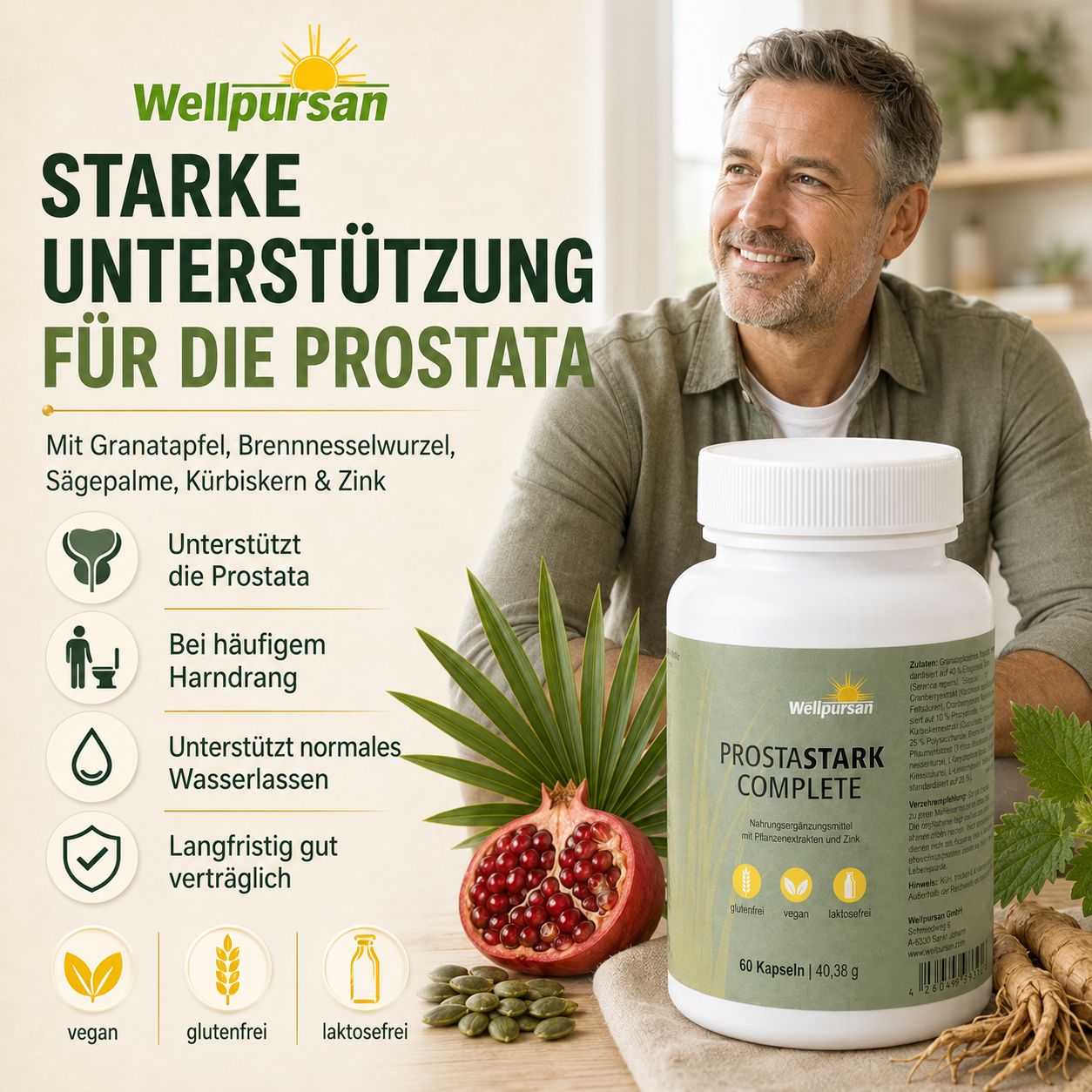 Mann mit Wellpursan Prostastark Complete Dose, unterstützt die Prostata.