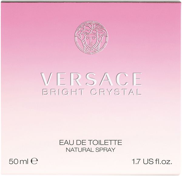 Rosa Verpackung von Versace Bright Crystal Eau de Toilette Spray. Text: Versace, Bright Crystal, Eau de Toilette, Natural Spray.