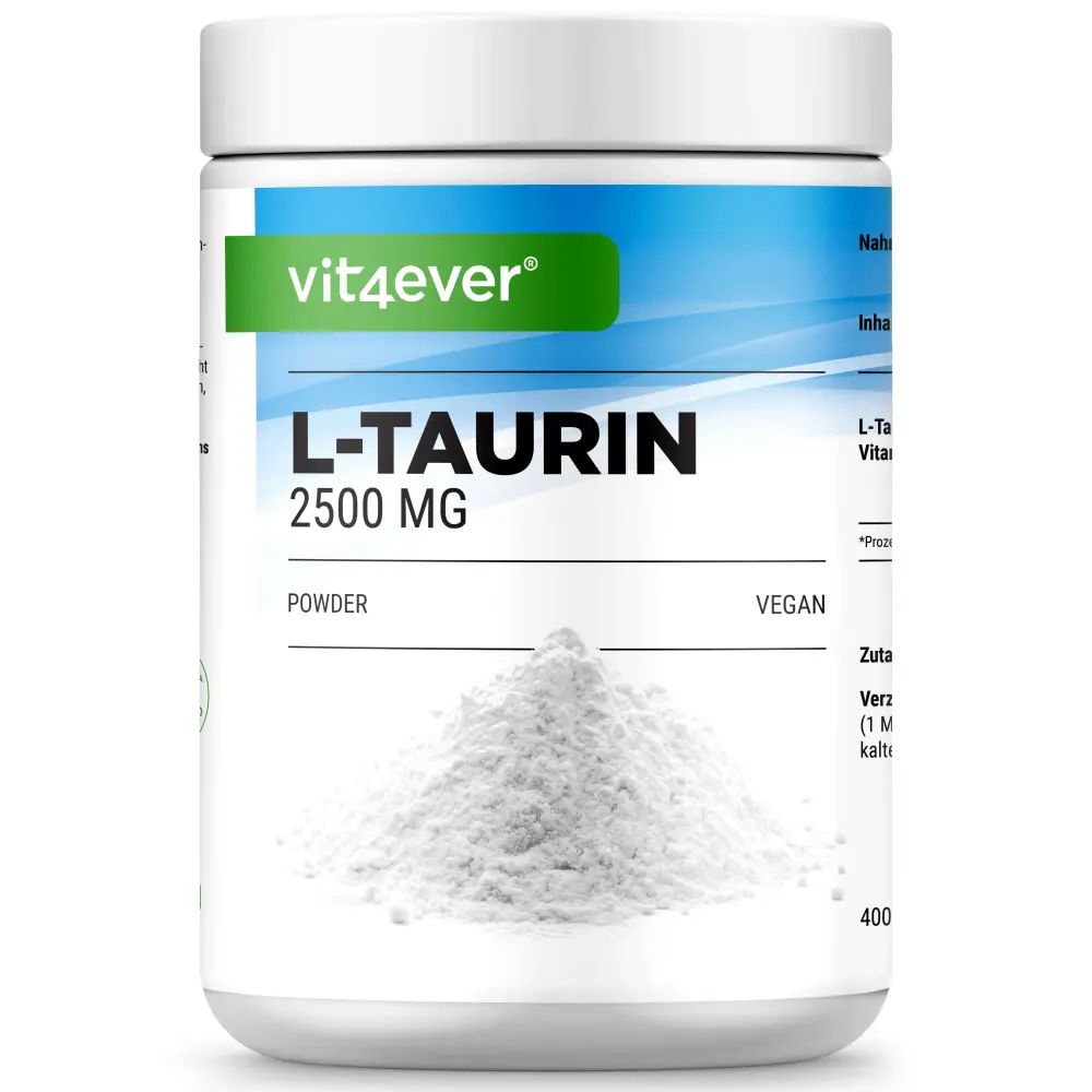 Weißes Pulver auf einem Behälter. Aufschrift: L-TAURIN 2500 MG, Powder, Vegan. Marke: vit4ever.