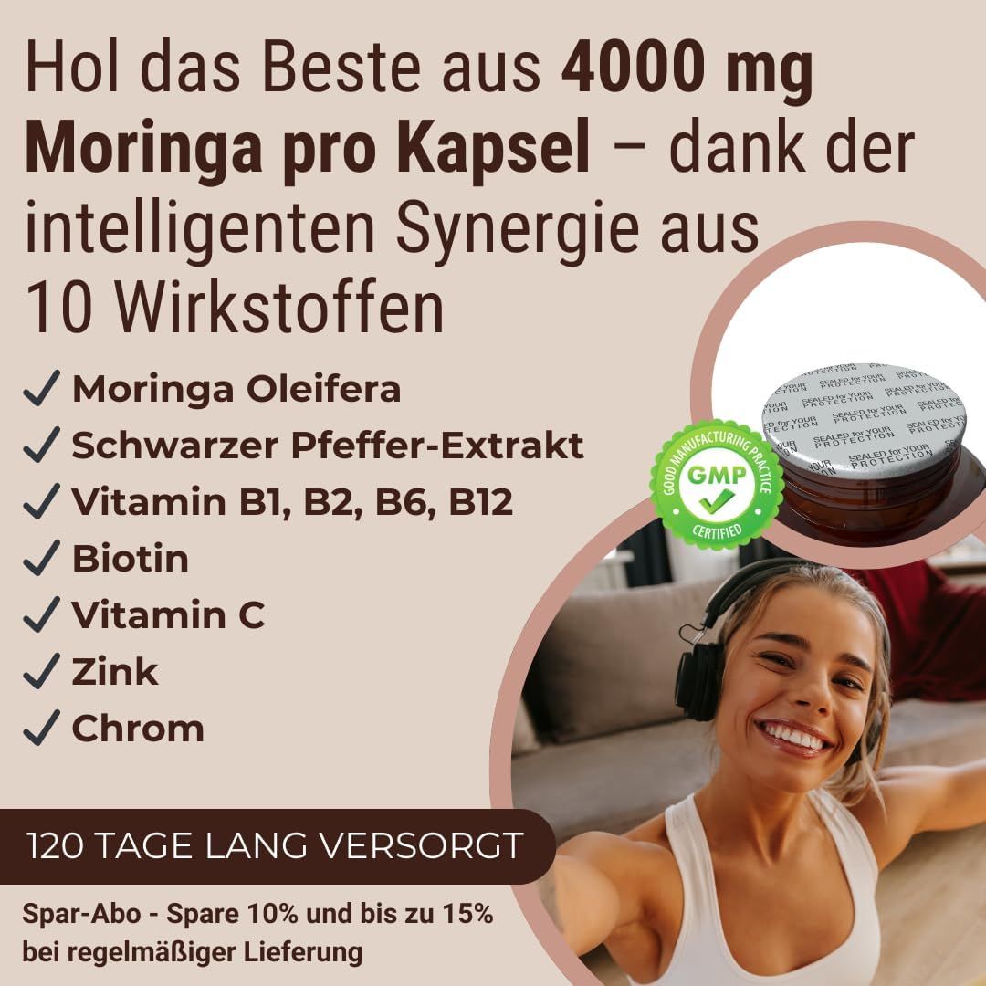 Liste der Inhaltsstoffe und eine Frau mit Kopfhörern. GMP-Zertifizierung. 120 Tage Versorgung.