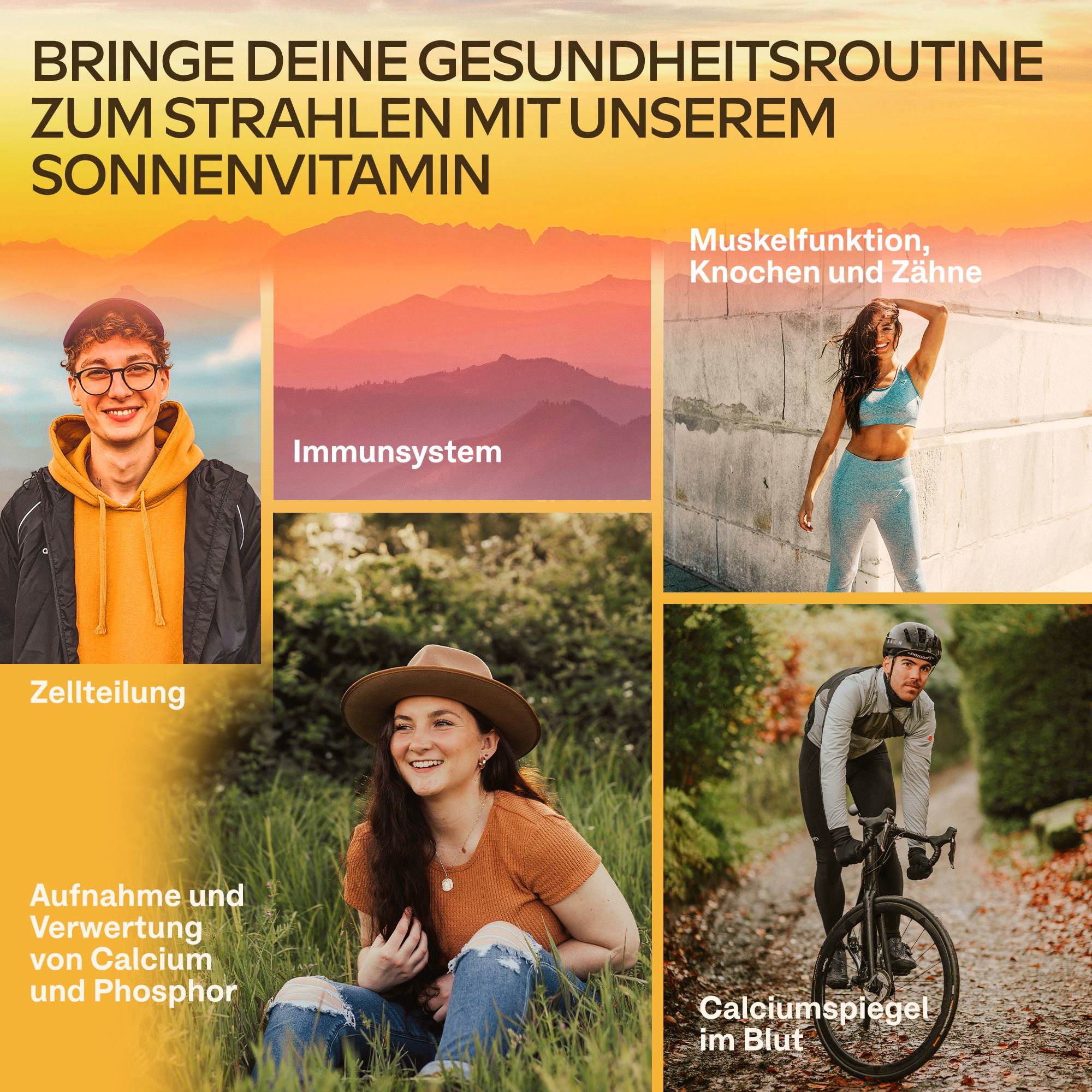 Menschen in verschiedenen Aktivitäten. Text: Immunsystem, Zellteilung, Calciumspiegel, Muskelfunktion, Knochen, Zähne.