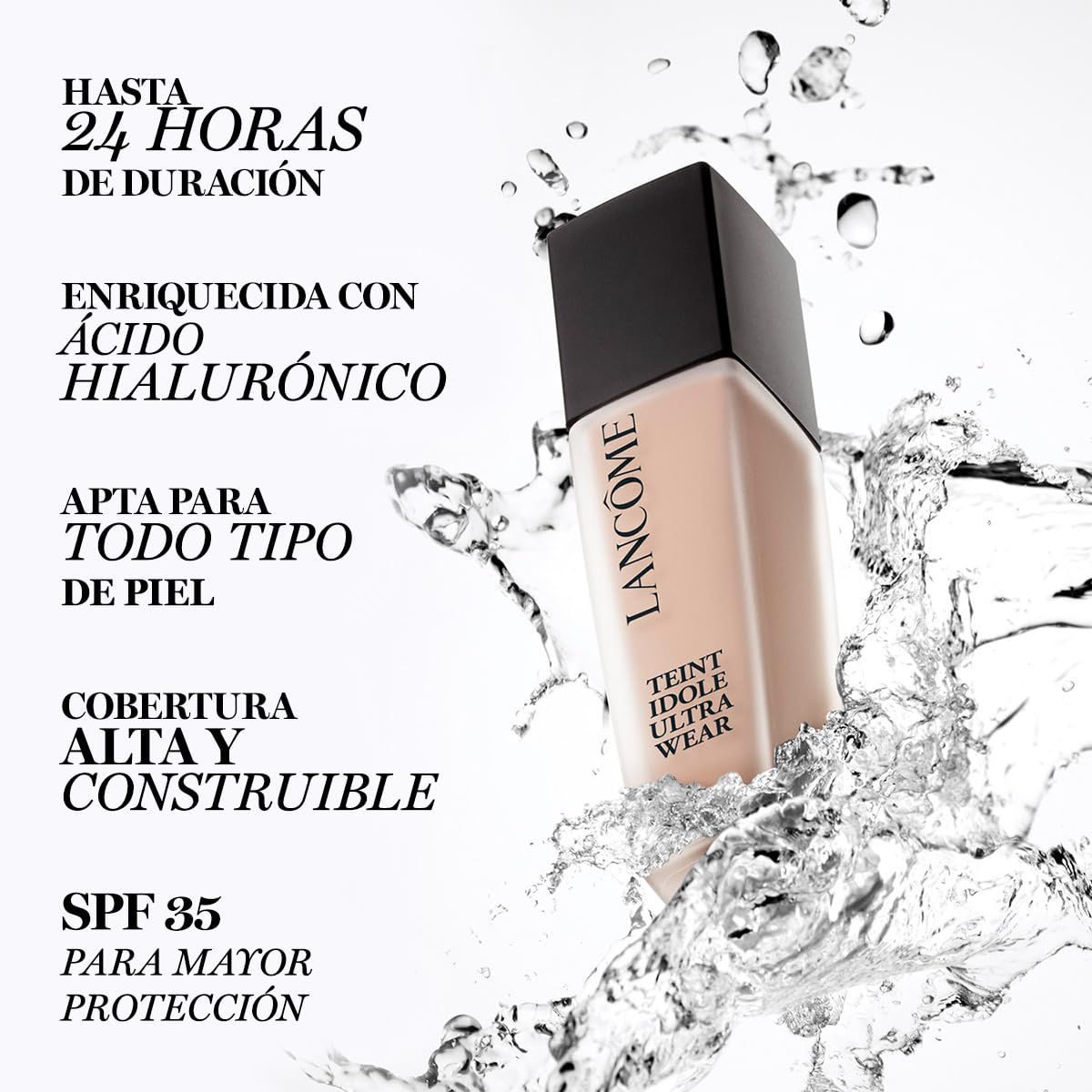 Lancôme Teint Idole Ultra Wear Foundation, umgeben von Wasser. Text mit Inhaltsstoffen und SPF 35.