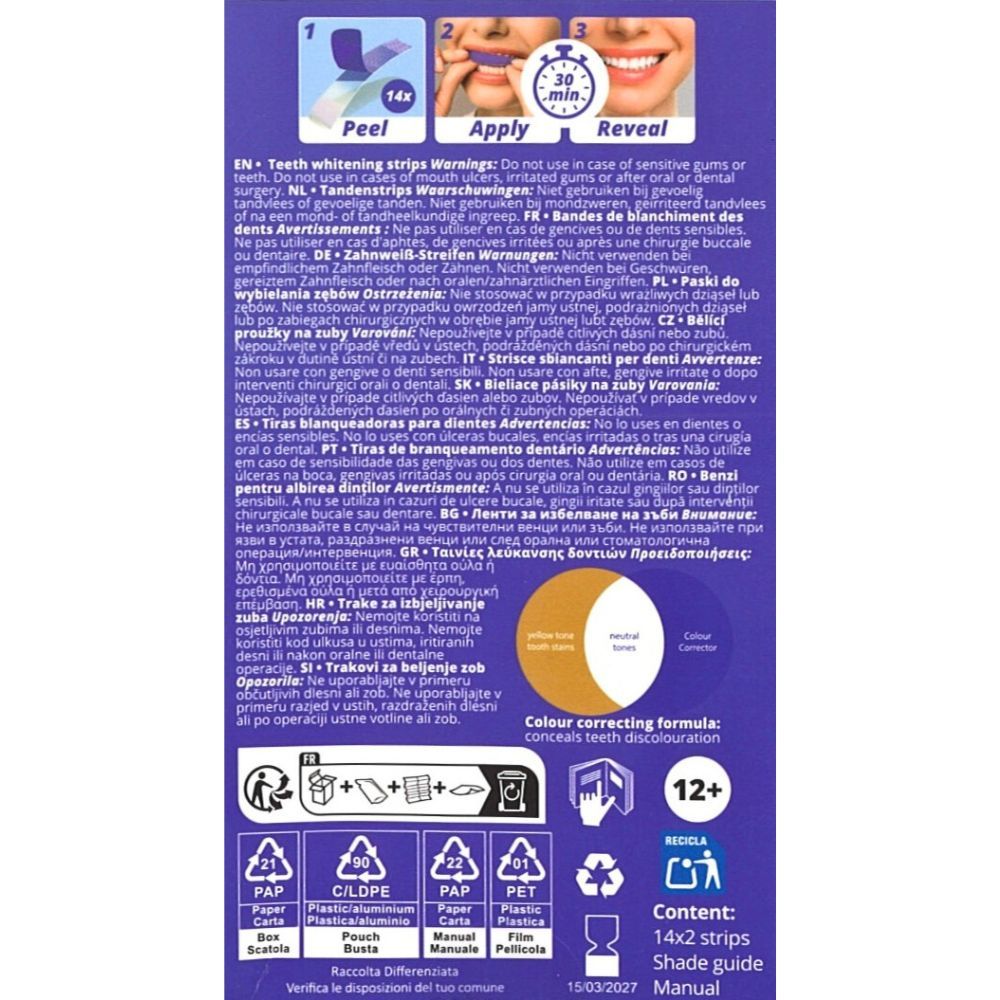 Rückseite der Verpackung. Enthält Informationen zu den Zahnaufhellungsstreifen. Inhaltsangabe: 14x2 Streifen. Gebrauchsanweisung.