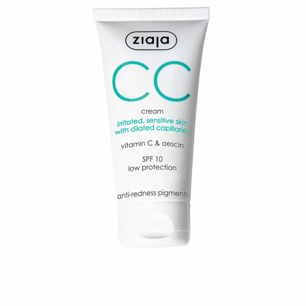 Weiße Tube mit grünem Aufdruck. Text: Ziaja, CC cream, irritated, sensitive skin, vitamin C & aescin, SPF 10, anti-redness pigments.