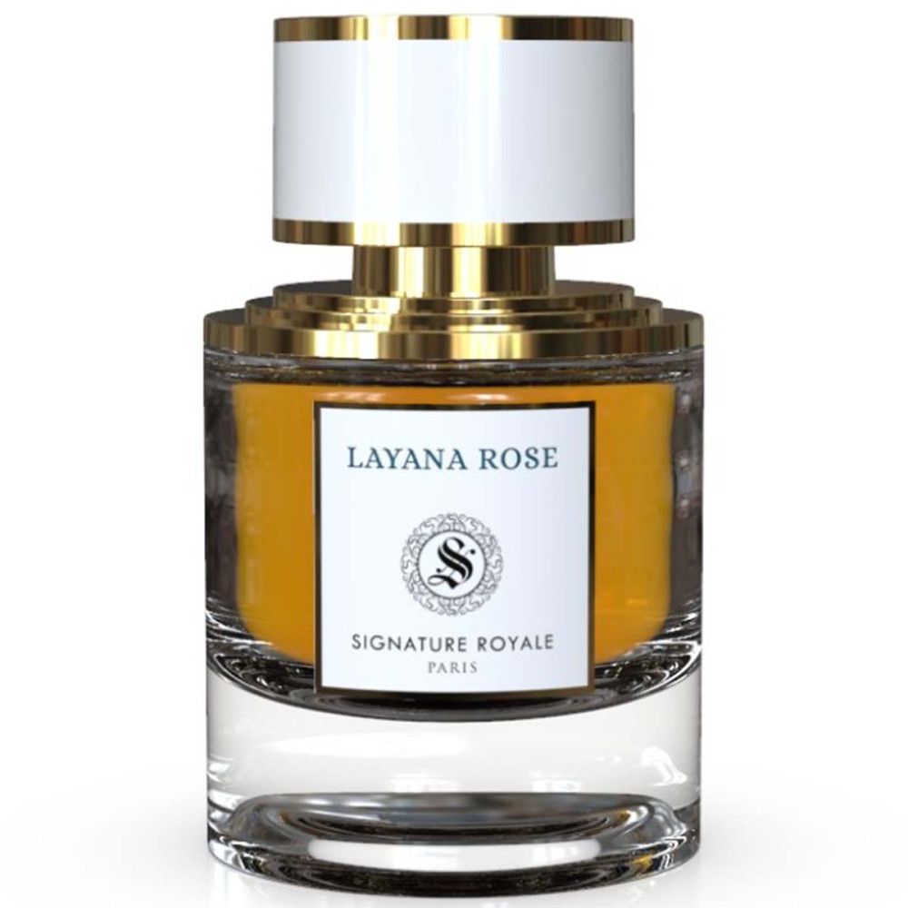 Parfümflakon mit goldfarbenen Elementen und weißem Deckel. Aufschrift Layana Rose und Signature Royale Paris.