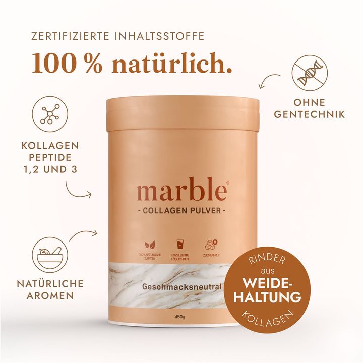 Dose marble Collagen Pulver. Text: 100% natürlich, ohne Gentechnik. Aufschrift: Rinder aus Weidehaltung.
