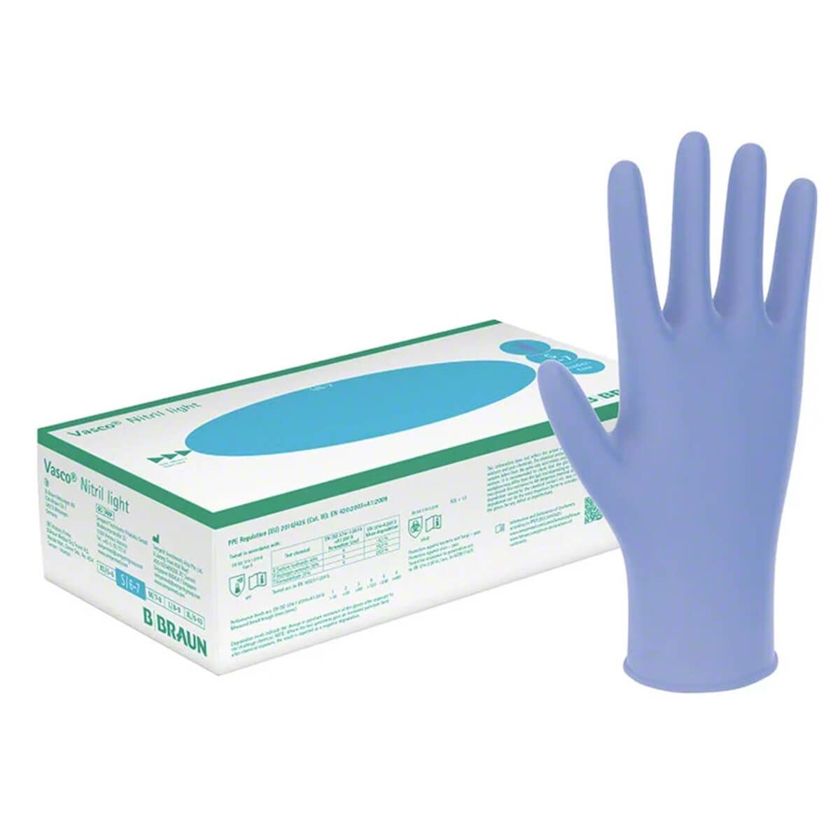 Blauer Untersuchungshandschuh neben Karton B. Braun Vasco® Nitril light. Handschuh mit gespreizten Fingern.