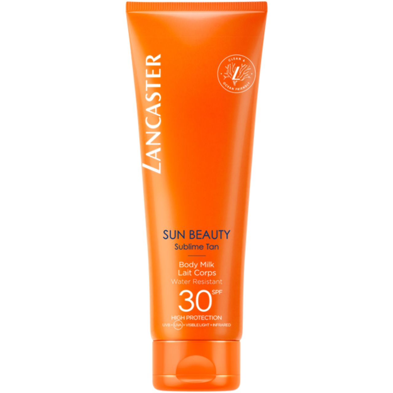 Orangefarbene Tube mit weißem Schriftzug Lancaster, Sun Beauty, Sublime Tan, Body Milk, SPF 30. Vegan-Siegel.