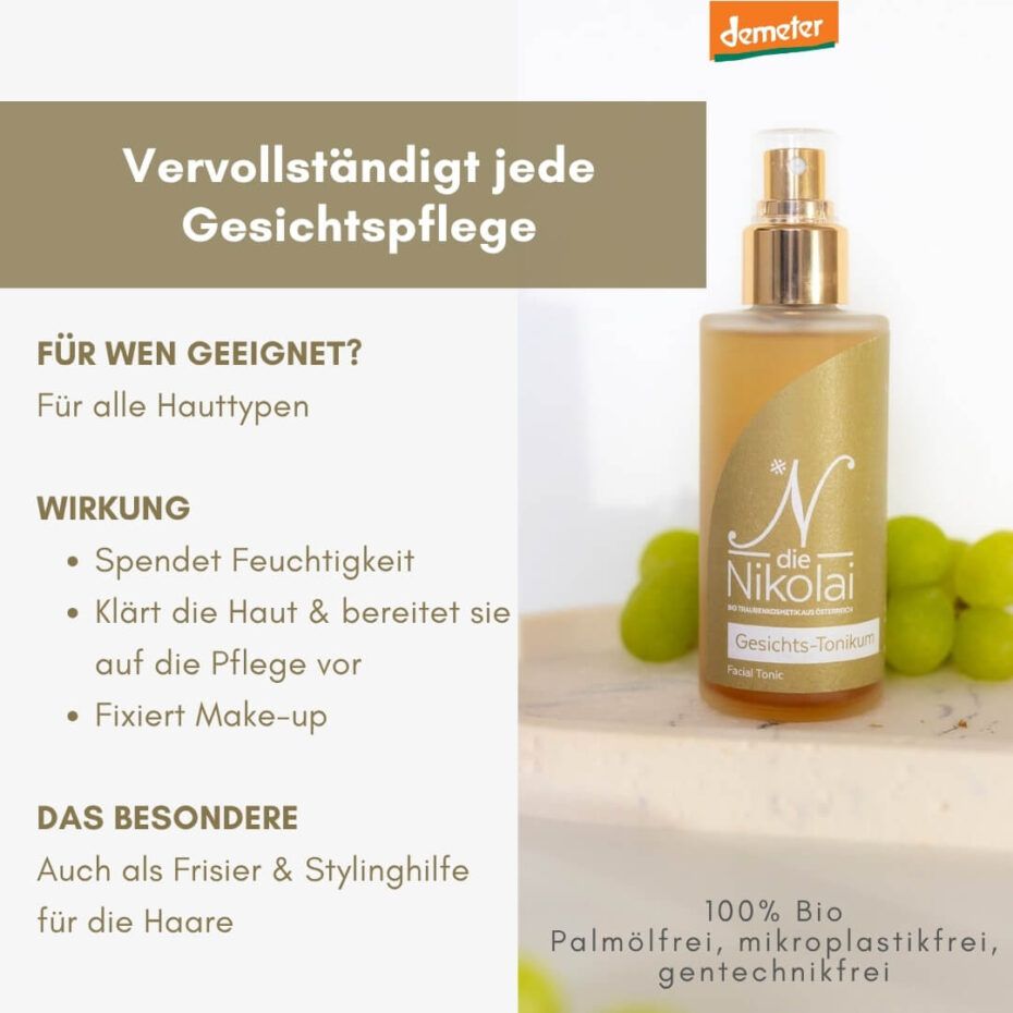 Gesichts-Tonikum Flasche mit Sprühkopf. Goldfarbenes Etikett mit Schriftzug. Demeter-Logo. Text: 100% Bio, Palmölfrei, Mikroplastikfrei, gentechnikfrei.