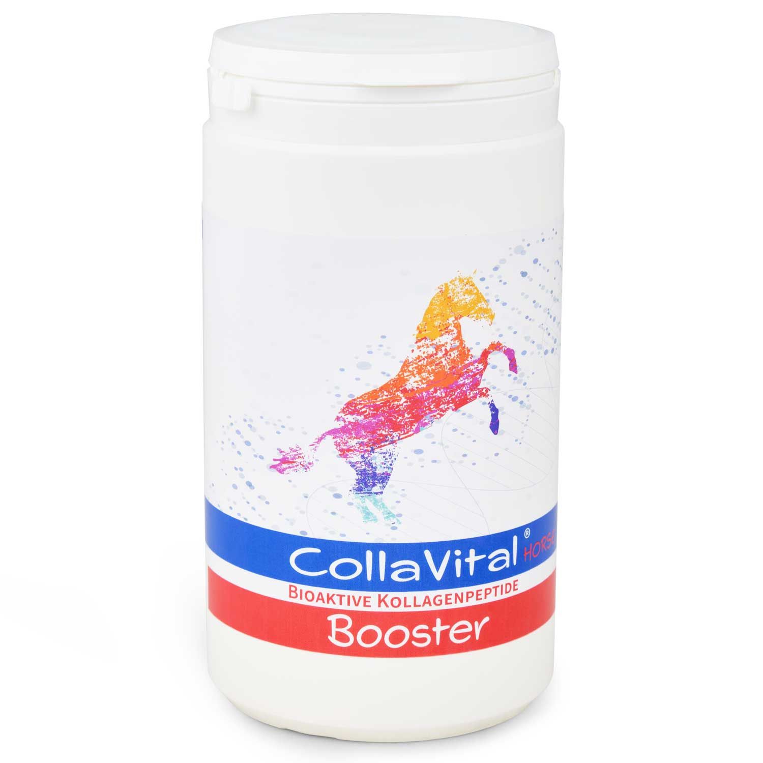 Weiße Dose mit Deckel. Aufdruck: farbiges Pferd, "CollaVital", "Booster". Blaue, rote Streifen.