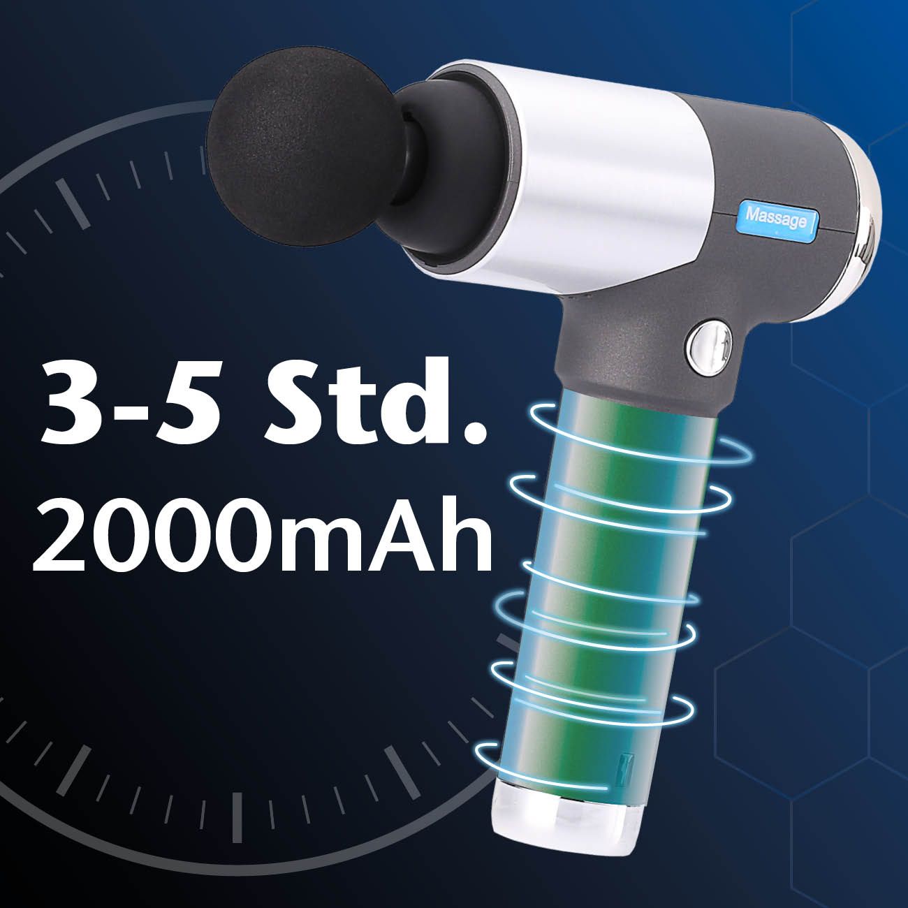 Massagepistole, silber-schwarz, mit schwarzem Aufsatz. Blaue Akzentbeleuchtung. Text: 3-5 Std. 2000mAh.