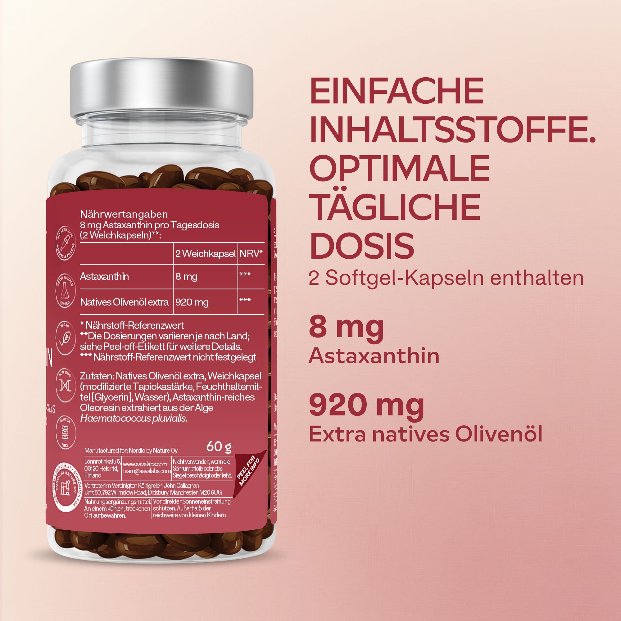 Aavalabs Astaxanthin Flasche mit Nährwertangaben und Inhaltsstoffen.