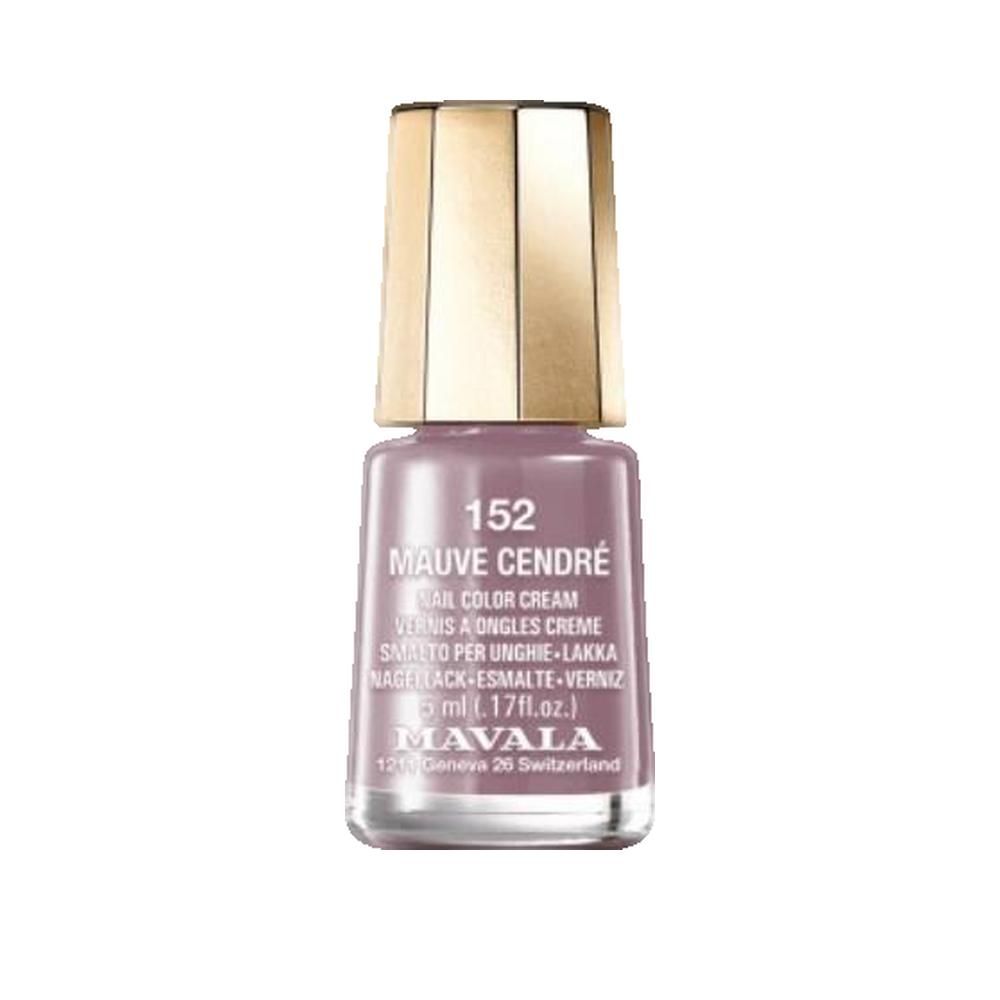Nagellackflasche mit mauvefarbenem Lack. Goldfarbener Deckel. Aufschrift: 152 Mauve Cendré, Nail Color Cream, 5 ml, Mavala.