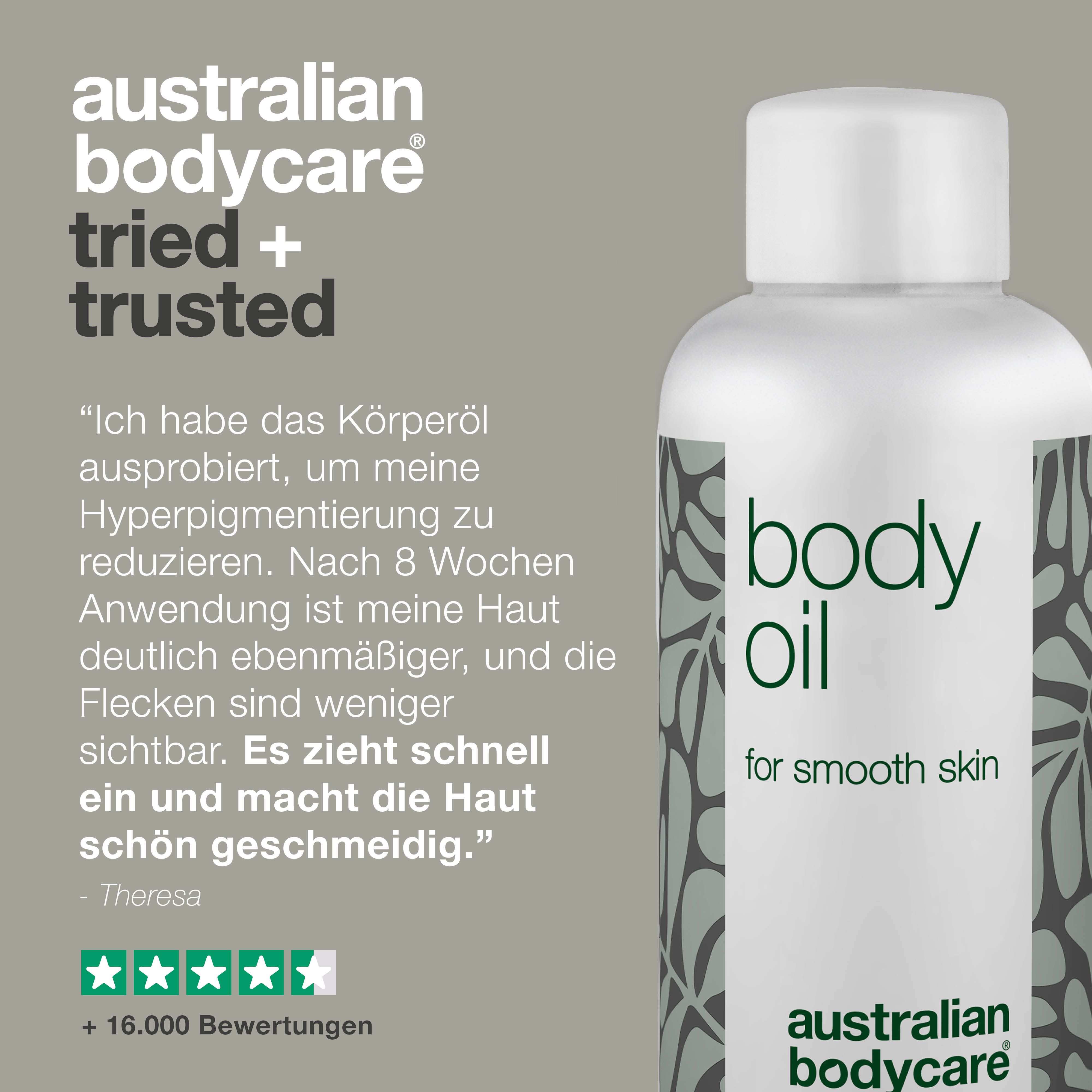 Flasche mit Text und Bewertungen. Aufschrift: body oil, for smooth skin, australian bodycare.