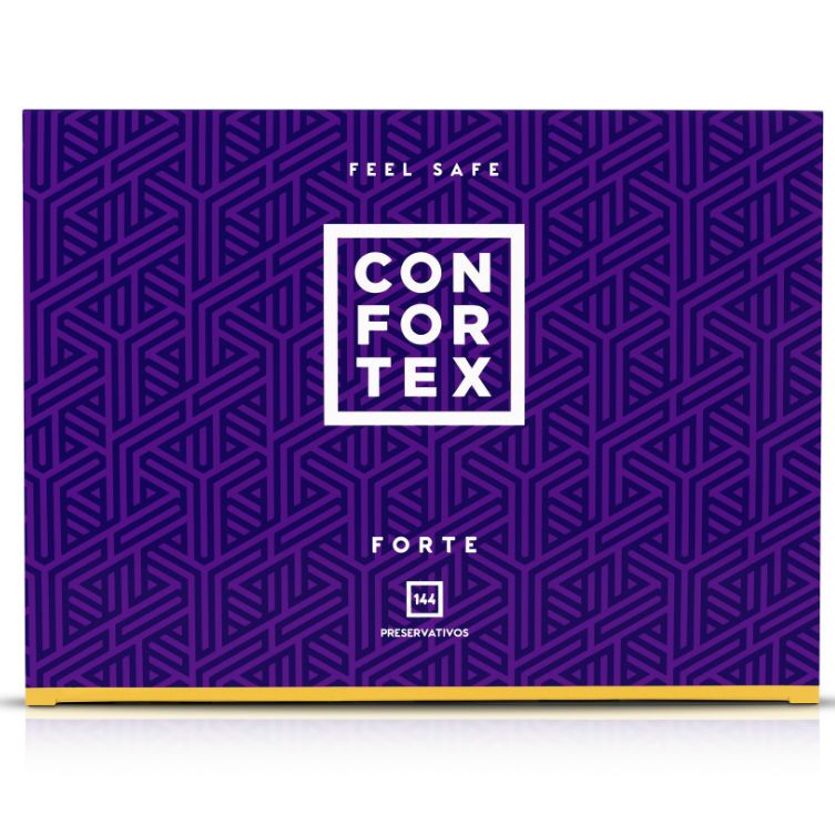 Verpackung mit geometrischem Muster und dem Schriftzug "CONFORTEX FORTE". Enthält 144 Kondome. Aufschrift "PRESERVATIVOS".