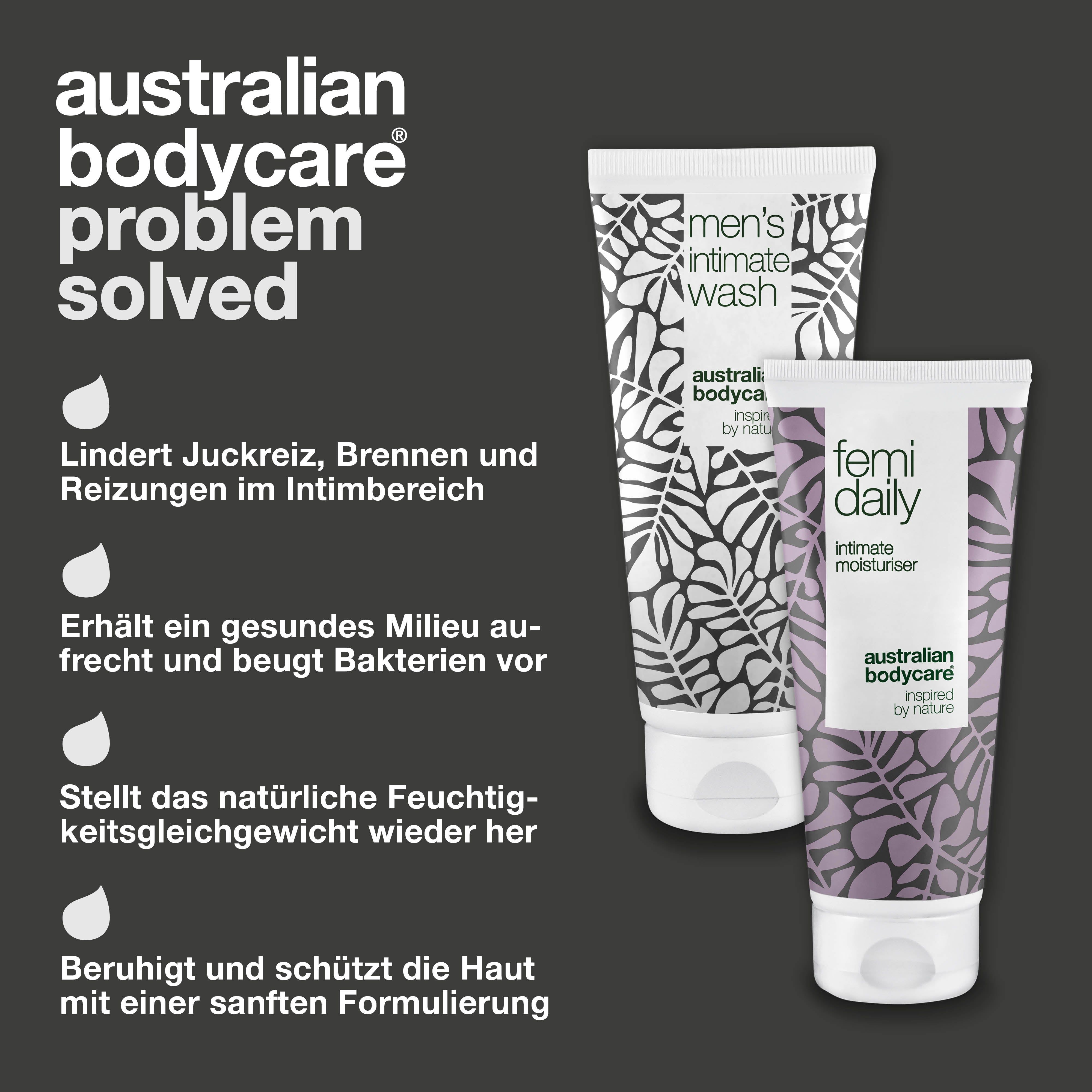 Intimwaschgel und Feuchtigkeitspflege. Text: Australian Bodycare Problem Solved. Vorteile aufgelistet.