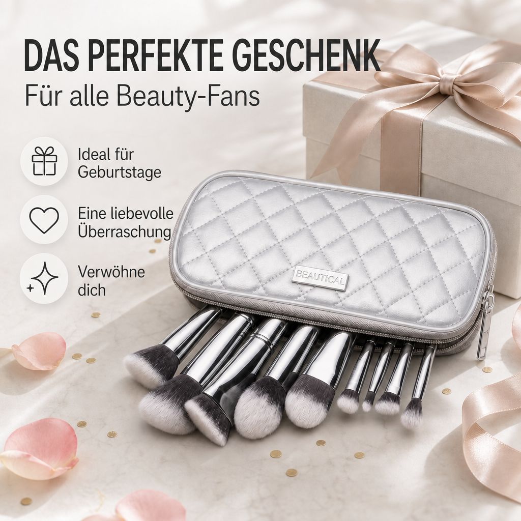 Silbernes Kosmetikpinsel-Set mit Etui, ideal als Geschenk.
