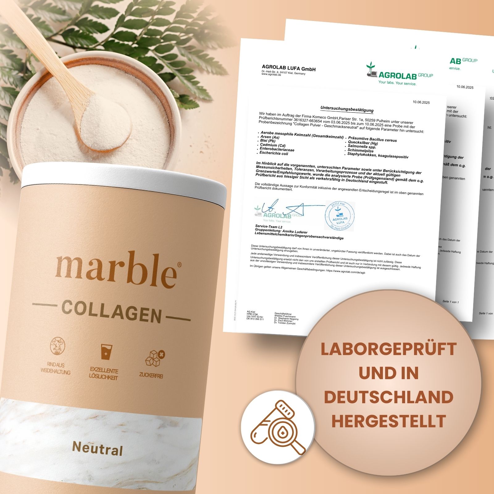 Dose mit Pulver, Löffel, Dokumente. Text: Laborgeprüft und in Deutschland hergestellt. Logo: Agrolab. Zertifizierungen.