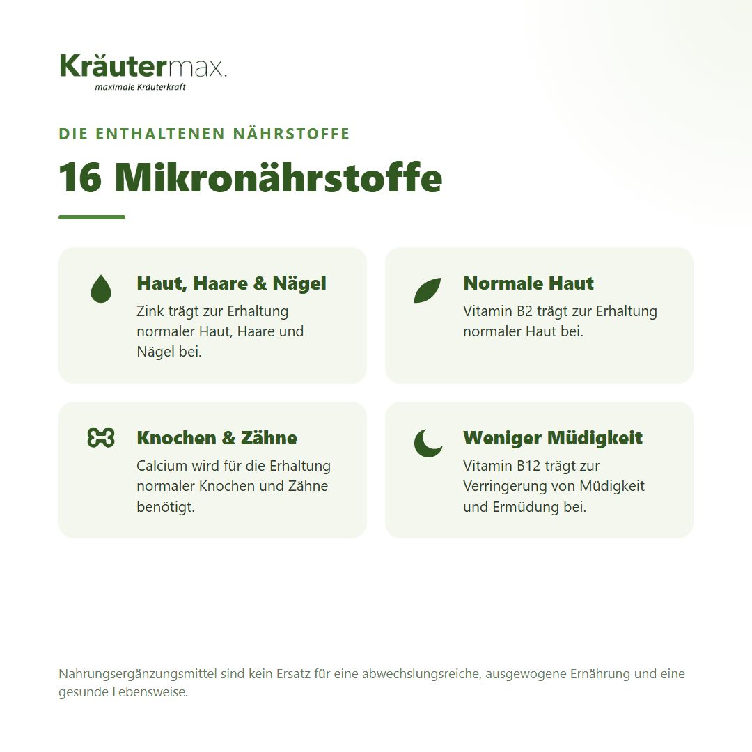 Liste der Inhaltsstoffe: Calcium, Vitamin C, Hyaluronsäure, Coenzym Q10, Zink, Vitamine B und D3.
