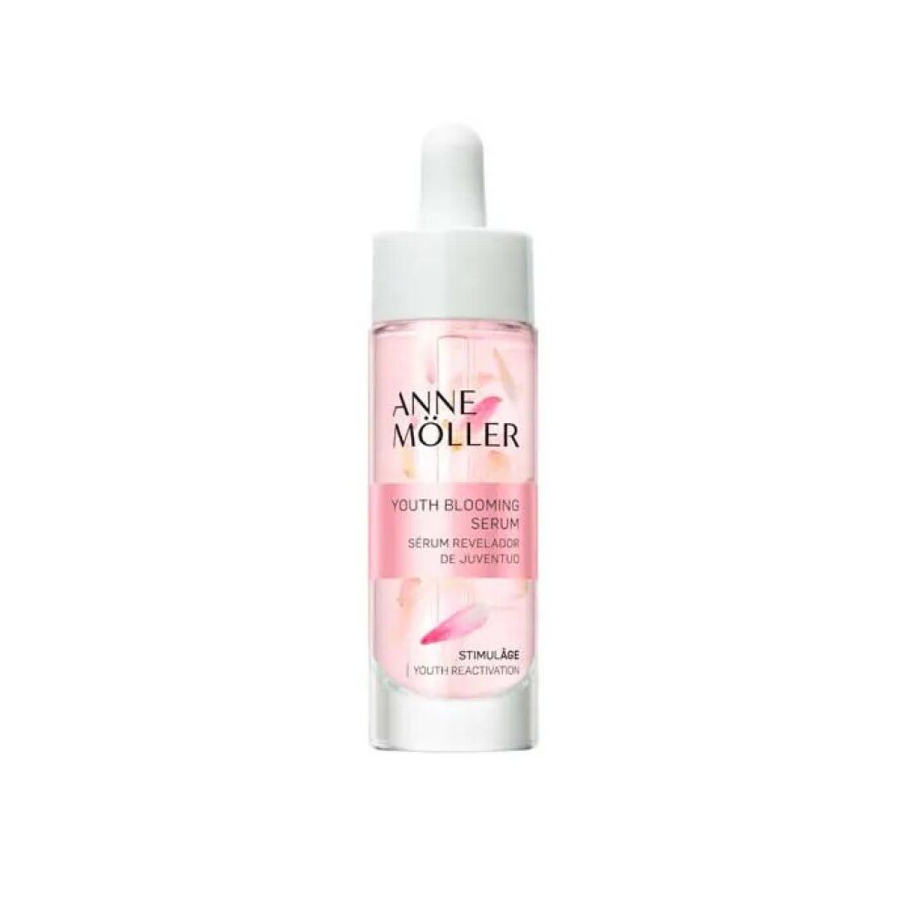 Serumflasche mit weißem Deckel und Pipette. Rosa Flüssigkeit mit Blütenblättern. Text: Anne Möller, Youth Blooming Serum, Stimulâge.