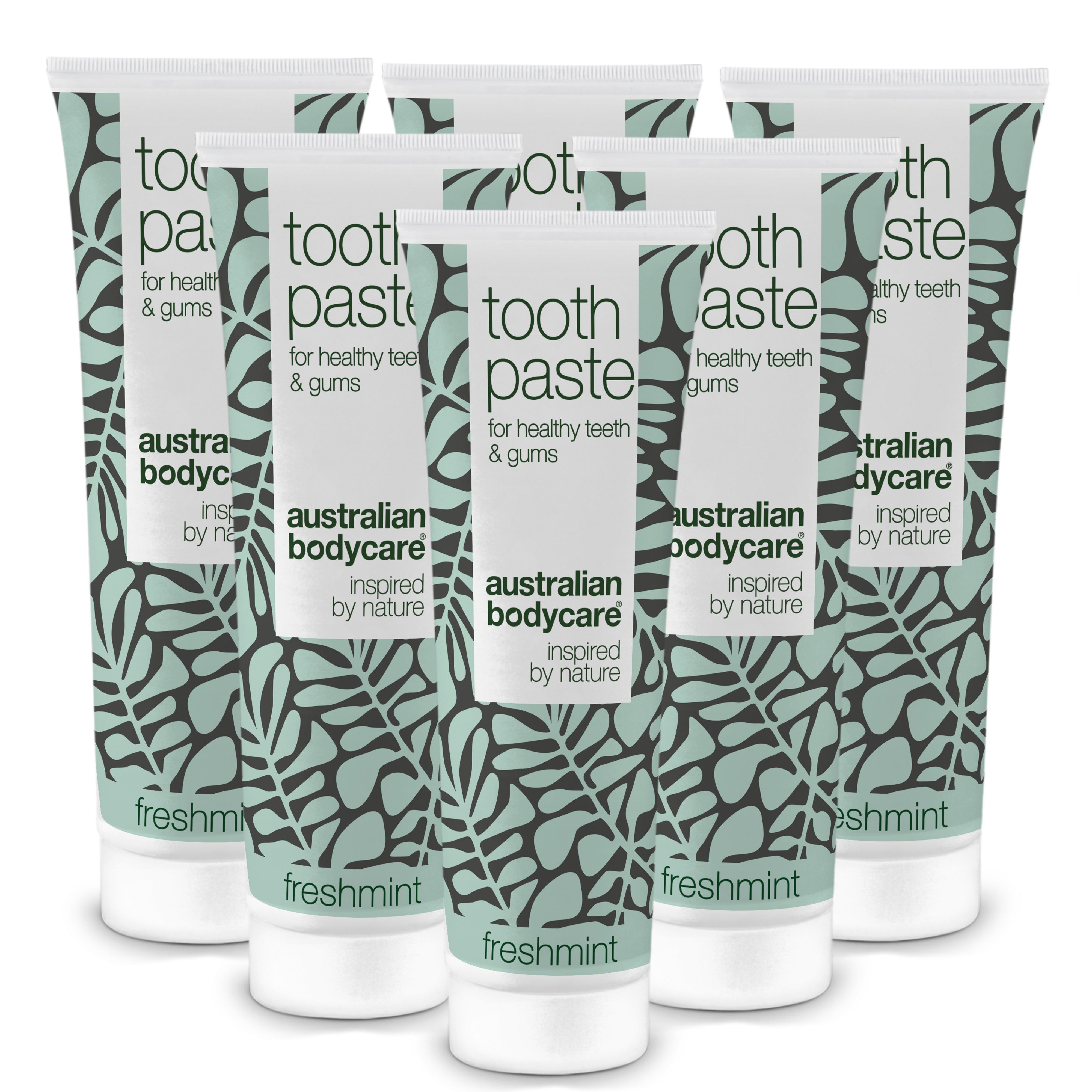 Zahnpasta-Tuben, weiß mit grünem Muster und Schriftzug. Marke: Australian Bodycare. Aufschrift: freshmint.