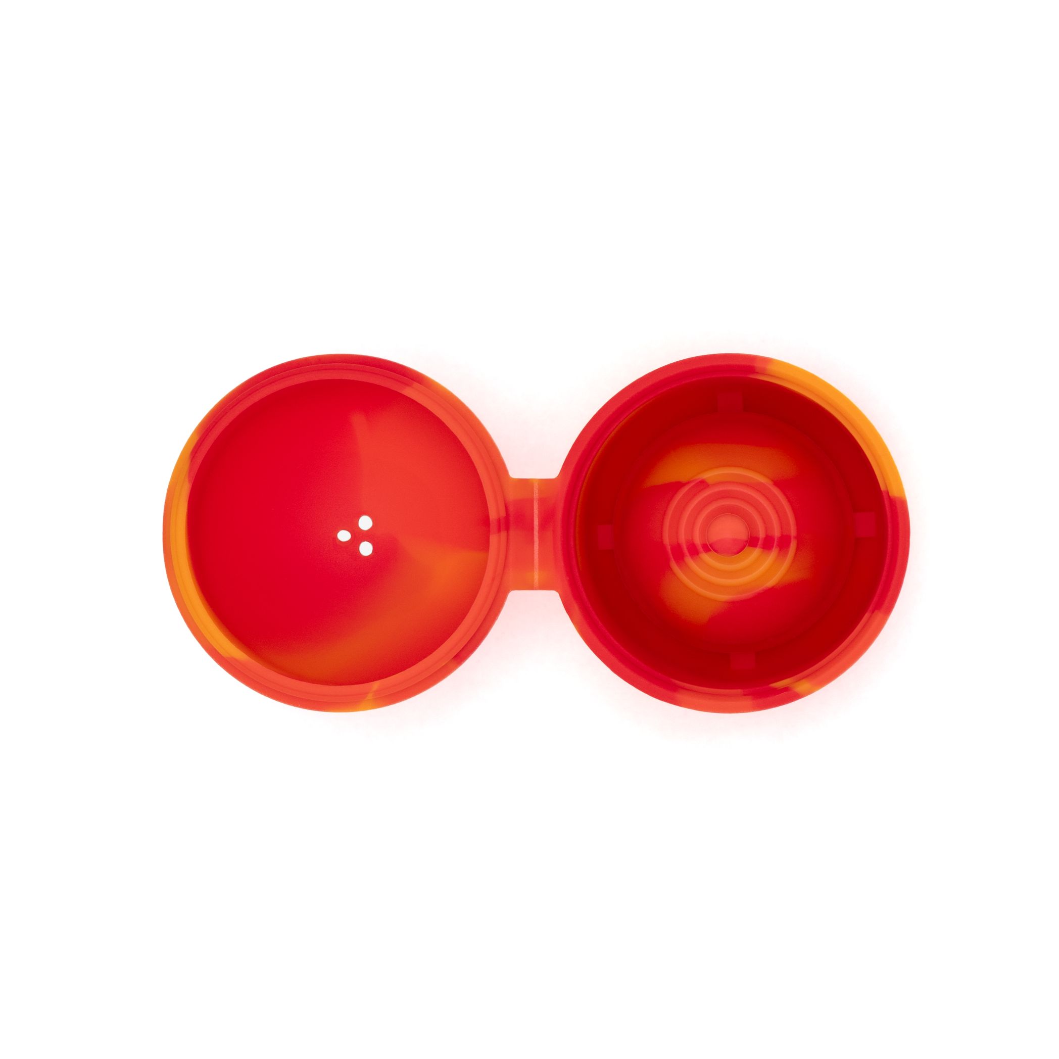 Draufsicht auf einen geöffneten, rot-gelb-orangen Reinigungsbehälter. Zwei runde Kammern, Silikonmaterial.