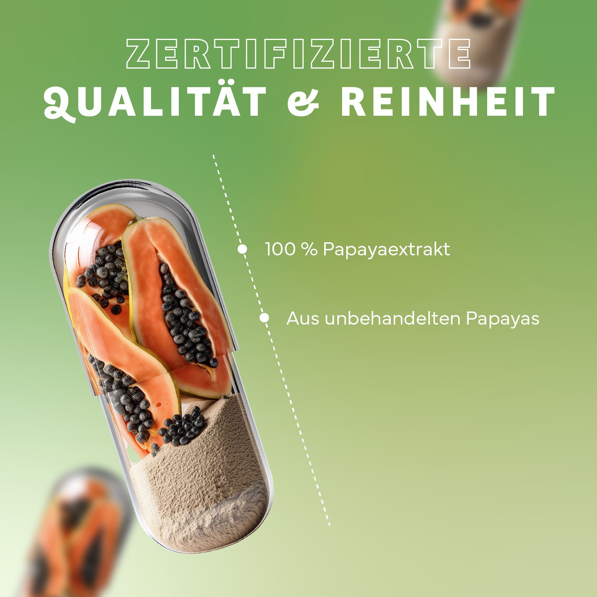 Transparente Kapsel mit Papaya-Stücken und Pulver. Aufschrift: 100% Papayaextrakt. Aus unbehandelten Papayas. Zertifizierte Qualität & Reinheit.