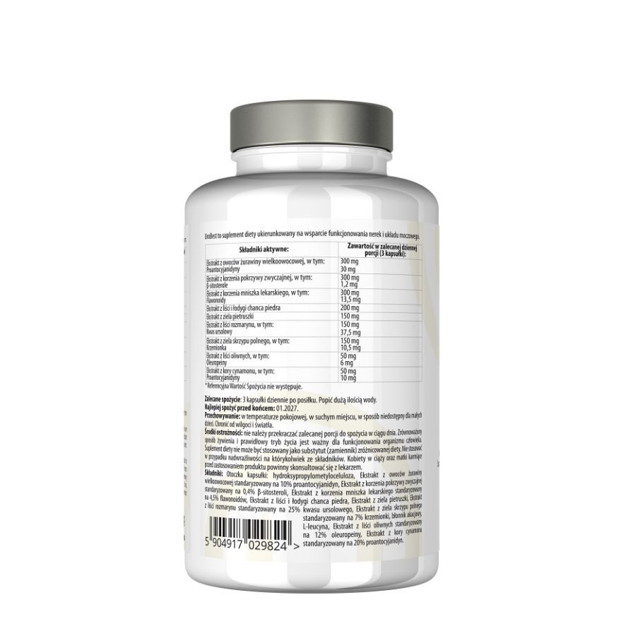 Rückseite der weißen Flasche "BEST LAB URO BEST". Enthält Informationen zu Inhaltsstoffen und Nährwerten. Text in polnischer Sprache.
