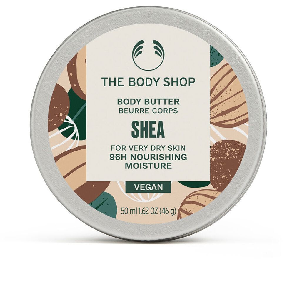 Runde Dose mit Deckel. Aufschrift: Body Butter Shea, für sehr trockene Haut, 96h Feuchtigkeit. Vegan. 50 ml.