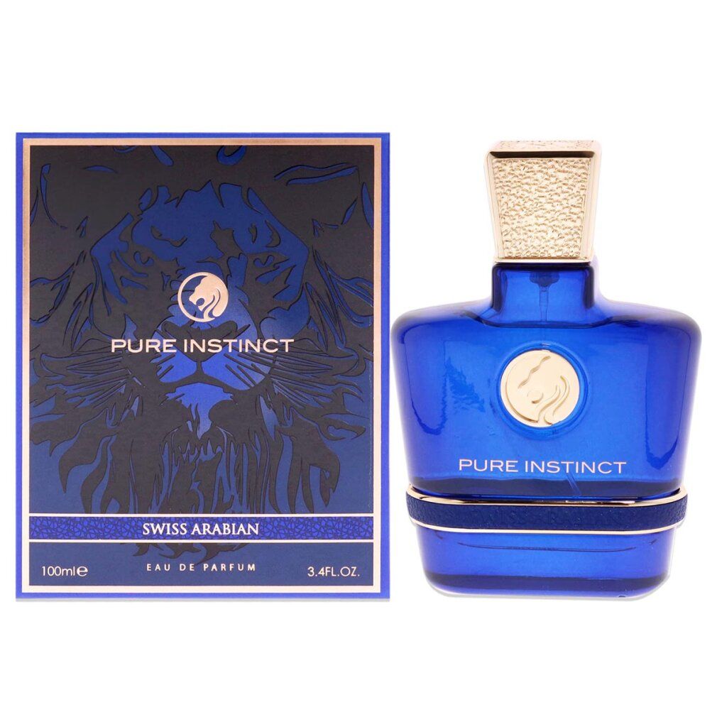Blaue Glasflasche mit goldenem Verschluss, daneben die passende Verpackung mit Löwenmotiv.