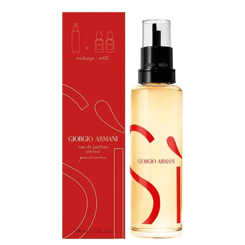 Flakon mit roter Verpackung. Aufschrift: Giorgio Armani Si Passione Intense. Mit Nachfüll-Symbolen.