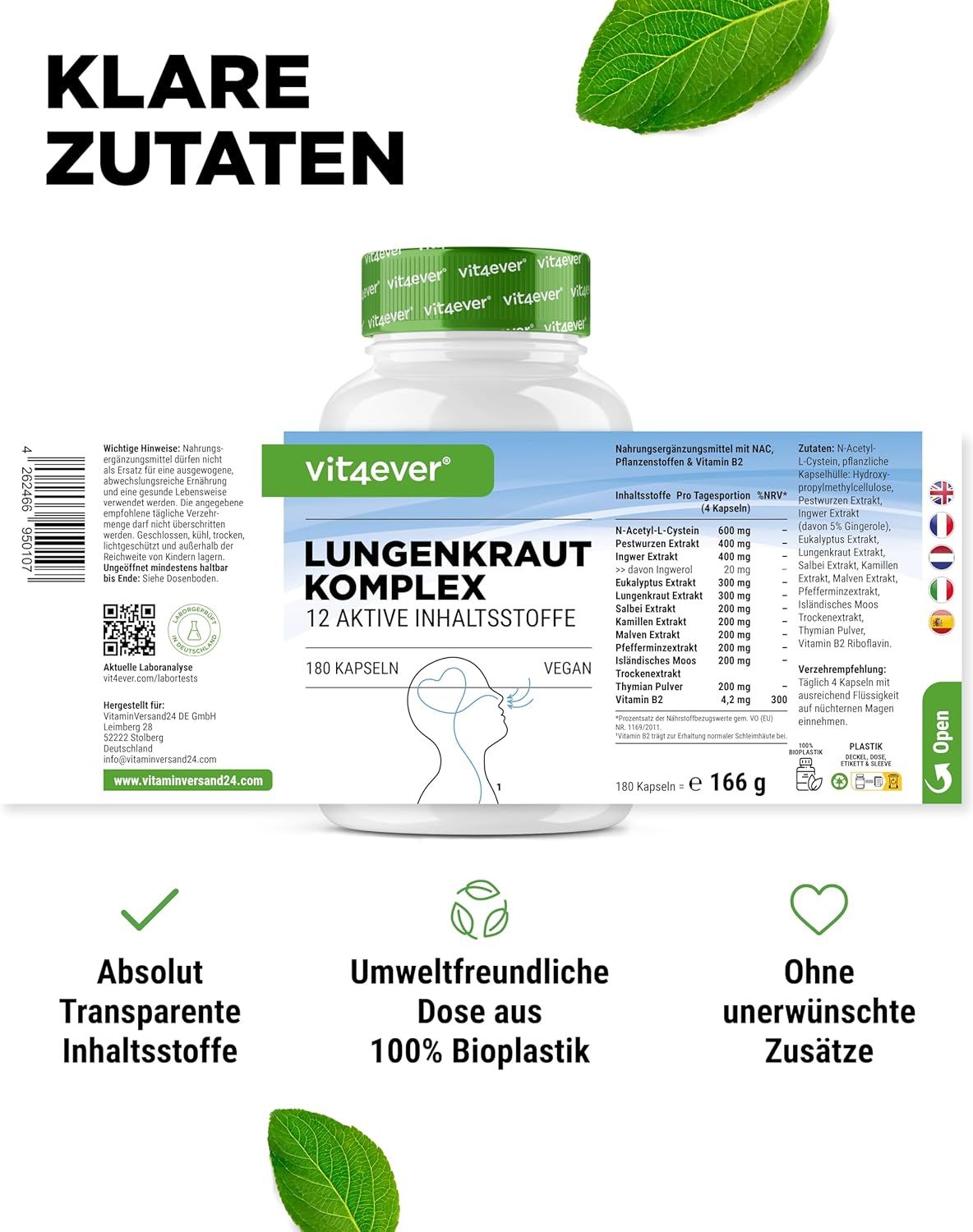 Produktflasche mit Etikett. Aufschrift: vit4ever Lungenkraut Komplex, 12 aktive Inhaltsstoffe, 180 Kapseln. Vegan. Details.