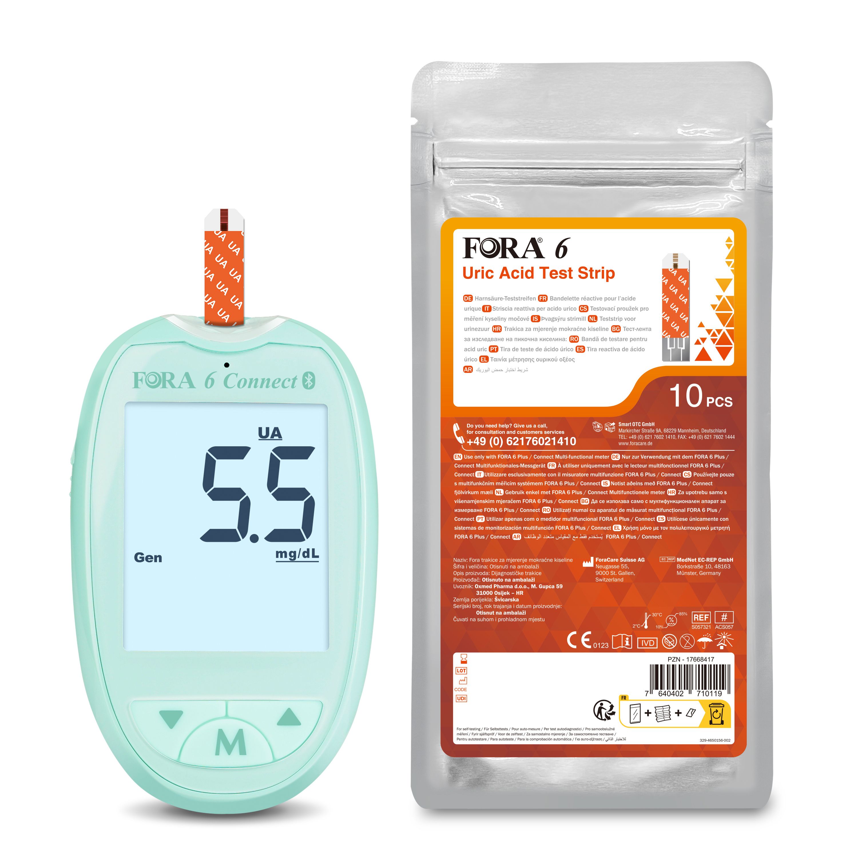 FORA 6 Connect Messgerät und Teststreifen-Packung. Digitalanzeige mit Messwert. Packung mit 10 Teststreifen. Uric Acid Test Strip.