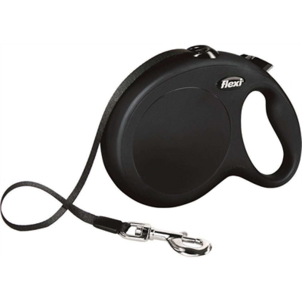 Schwarze Flexi Rollleine mit Gurtband und Metallkarabiner. Ergonomischer Griff mit Bremstaste.
