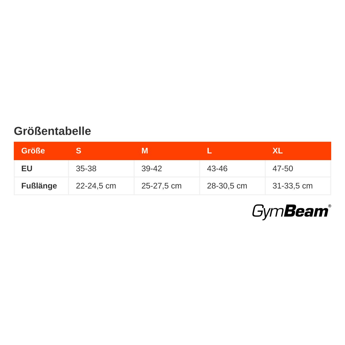 Größentabelle für EU-Schuhgrößen S (35-38), M (39-42), L (43-46), XL (47-50) mit Fußlängenangaben.