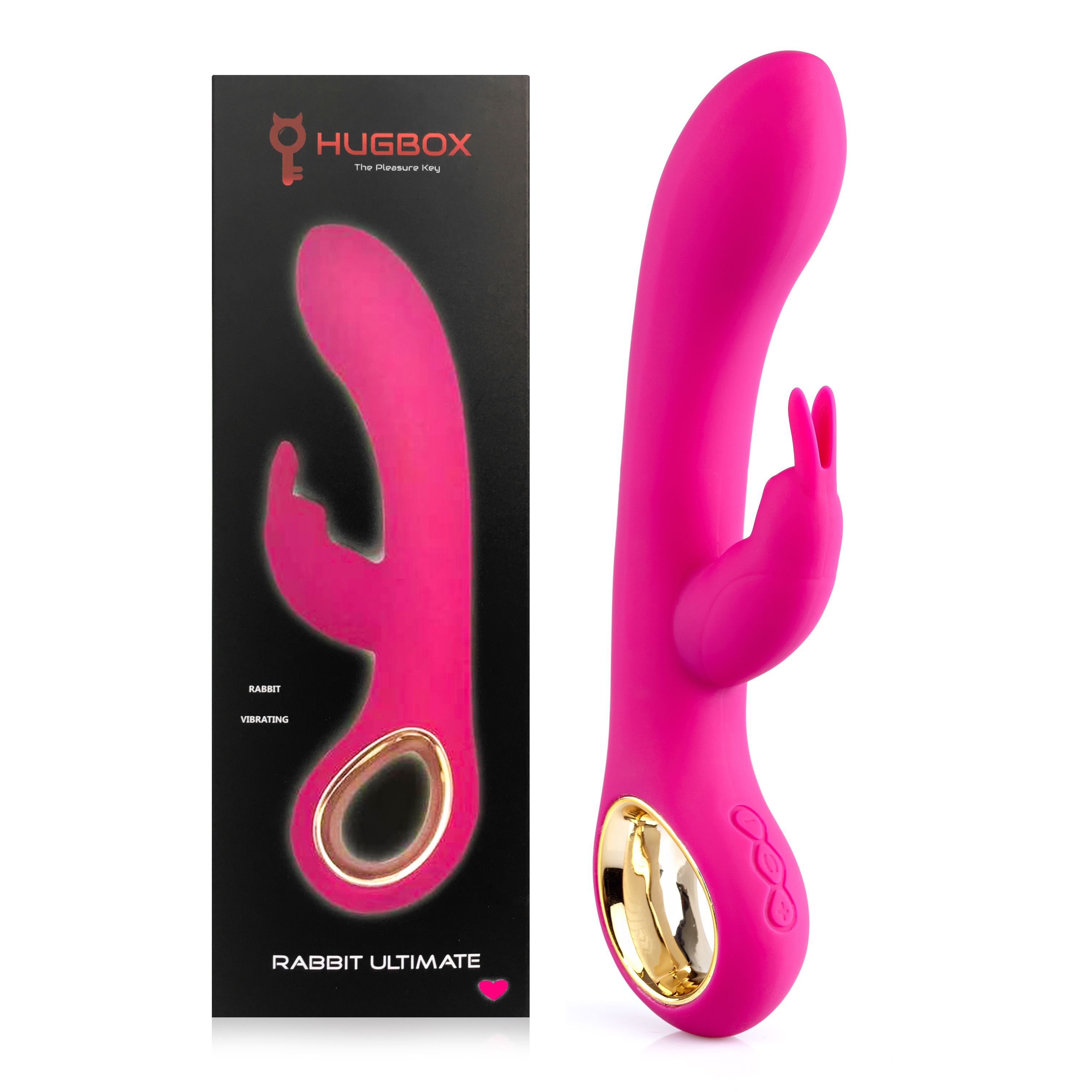 Rosa Vibrator neben schwarzer Verpackung. Verpackung mit Produktname 'Rabbit Ultimate' und Logo.