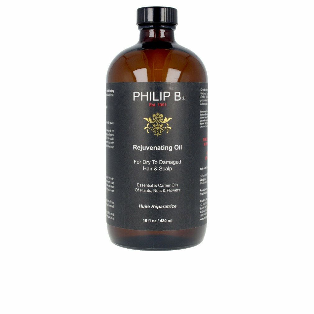 Bernsteinfarbene Glasflasche mit schwarzem Etikett für "Rejuvenating Oil" von Philip B. Enthält ätherische Öle für trockenes, geschädigtes Haar und Kopfhaut.
