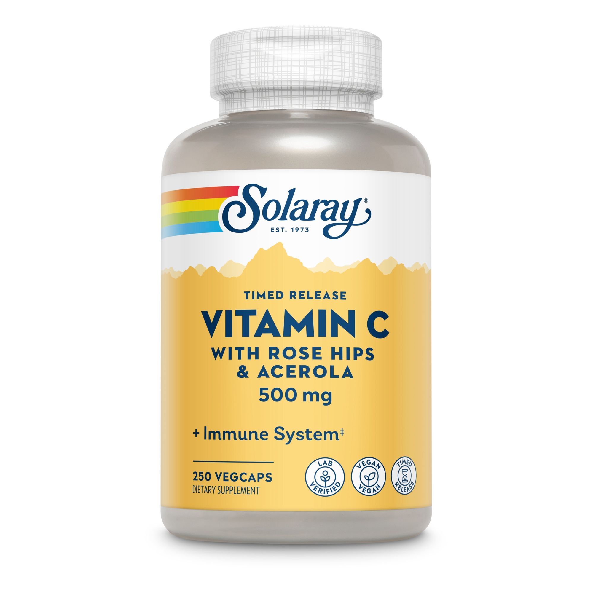 Solaray Vitamin C Flasche. Aufschrift: Vitamin C 500 mg mit Hagebutte & Acerola. 250 Vegcaps. Zertifizierungen.