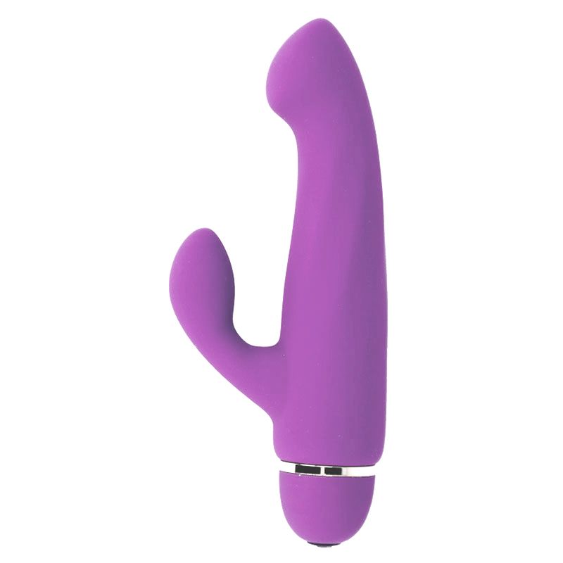 Lila Vibrator mit geschwungener Form. Silberfarbener Ring am unteren Ende. Zwei abgerundete Enden.