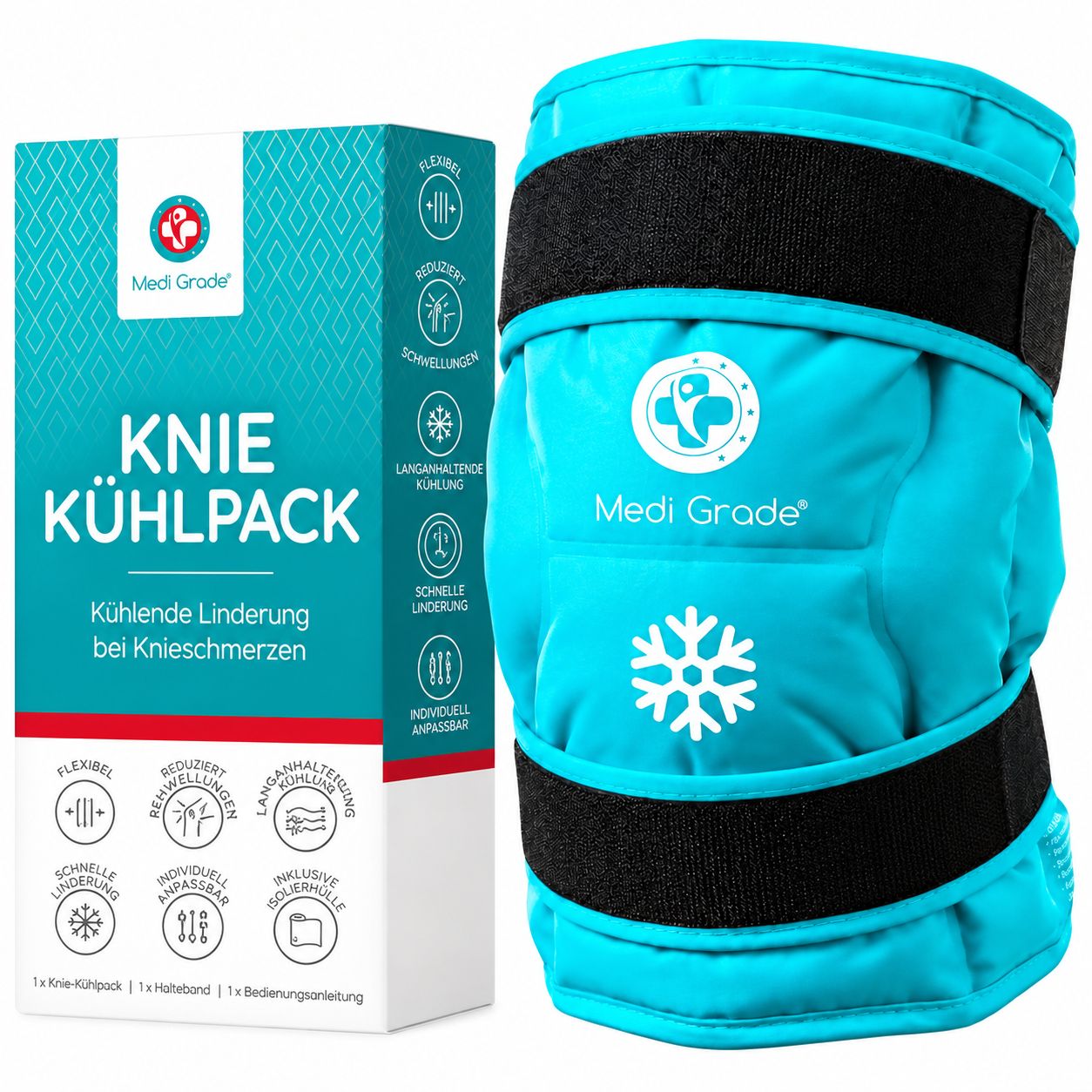Medi Grade Knie Kühlpack mit Klettverschlüssen und Schneeflocken-Symbol.